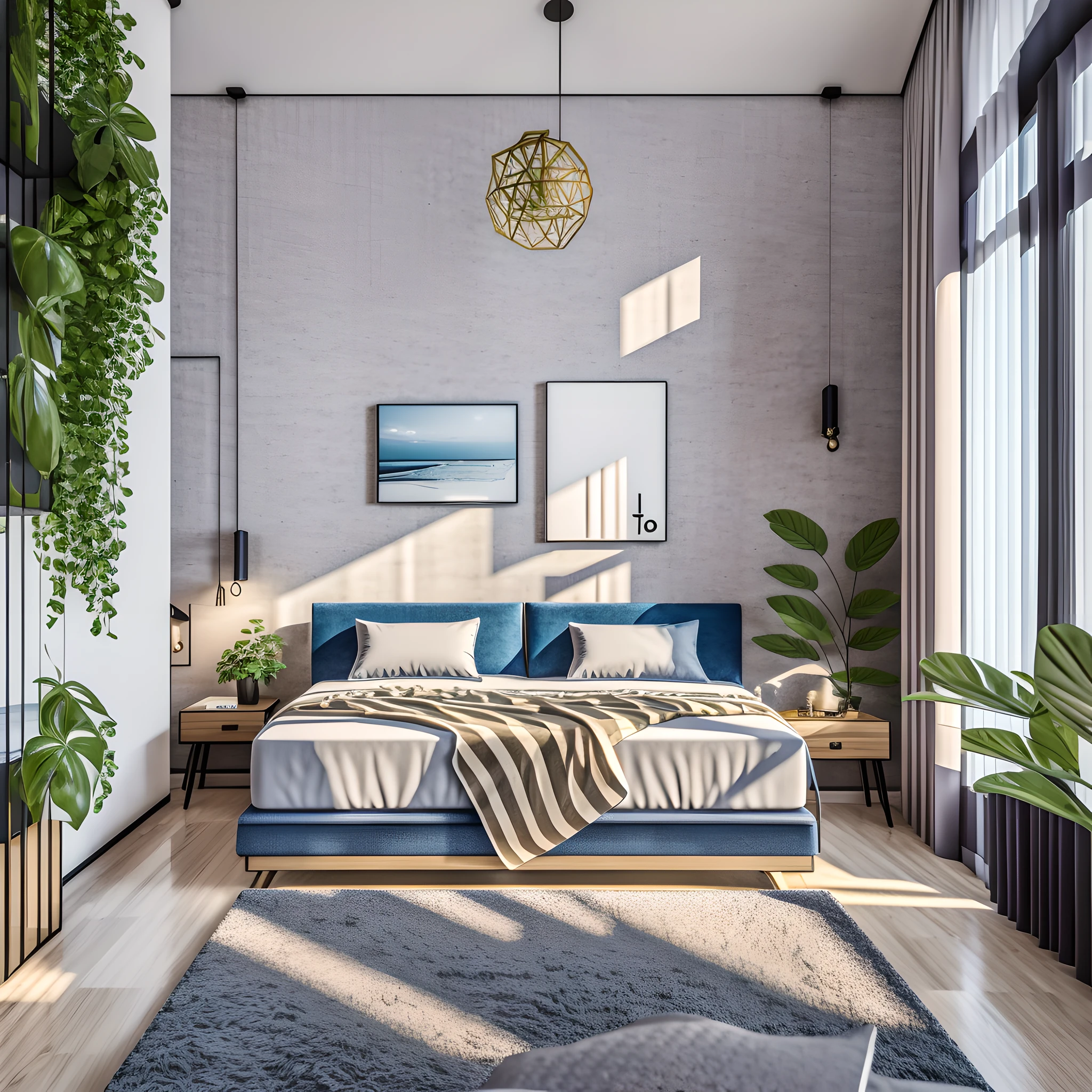 Interior design scene, bedroom home, arafed mattress, sofa, 3D rendering scene, plant decoration, realism, high quality, 8K, real details