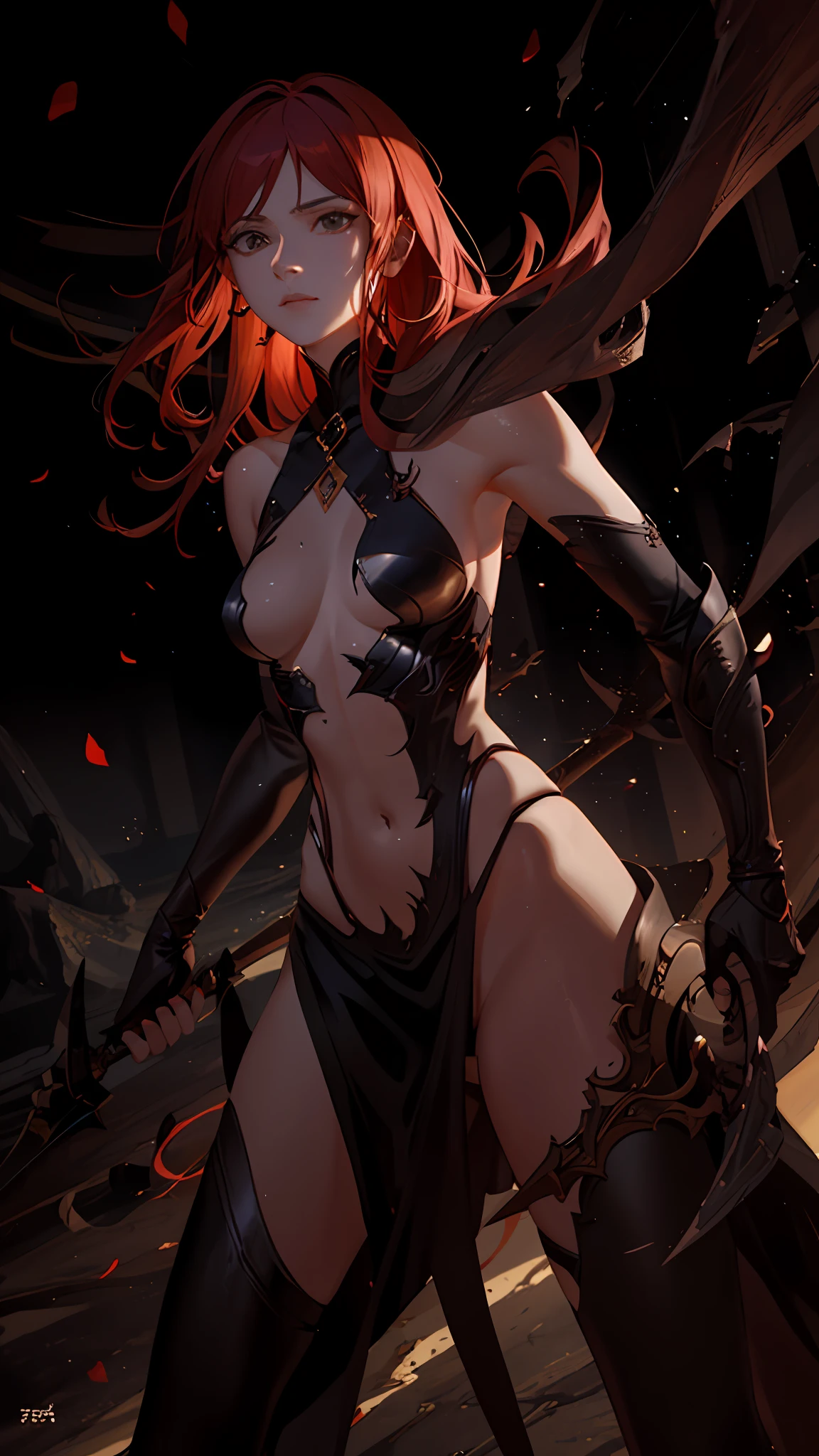 thea 2: the shattering style art, a huntress killing a dragon with a spear, red hair, masterpiece, best quality, realistic, hyper-detailed, shiny skin, sweaty, slender, small breasts, , sfw, ecchi, sensual, shoulders to show, dynamic lighting, high resolution, sharp focus, depth of field