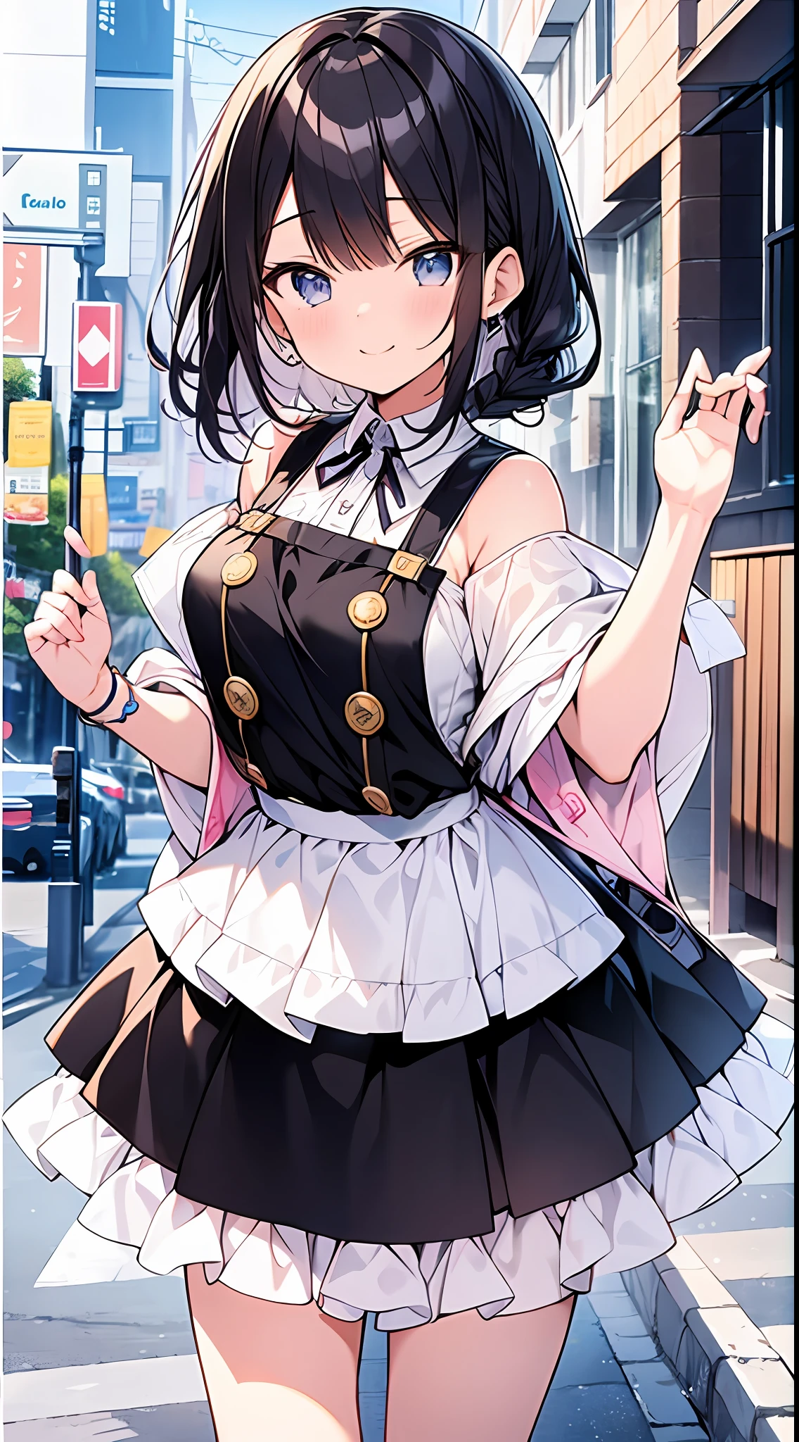 Top Quality, Masterpiece, High Resolution, 8k, Pastel Color, Anime Style Girl with Light Shirt and Skirt, Single Girl, Cute, Detailed Line Art, Bright White and Bright Amber Style, Frolic, Digital Enhancement, Close Up, Anime Core, Flowing Fabric, Hair length and short braids to the shoulders, Beautiful black hair, big smile, Full body angle
