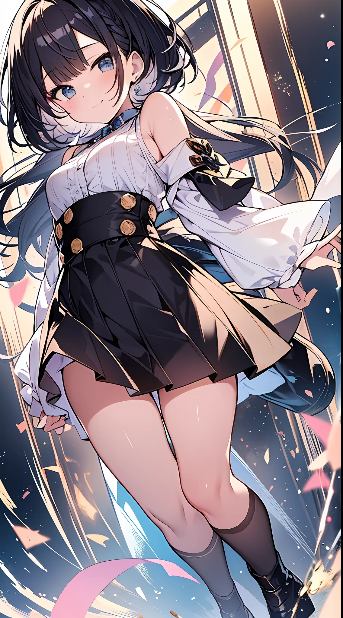 Top Quality, Masterpiece, High Resolution, 8k, Pastel Color, Anime Style Girl with Light Shirt and Skirt, Single Girl, Cute, Detailed Line Art, Bright White and Bright Amber Style, Frolic, Digital Enhancement, Close Up, Anime Core, Flowing Fabric, Hair length and short braids to the shoulders, Beautiful black hair, big smile, Full body angle