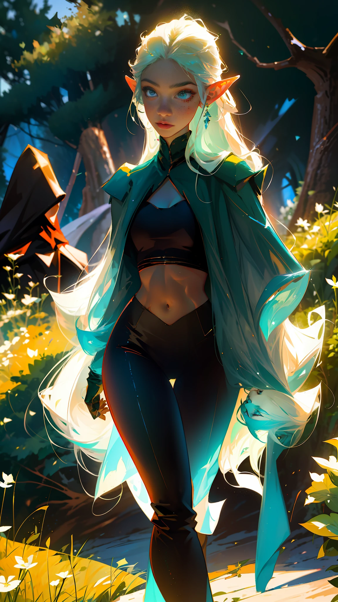 a portrait of a elf woman with freckles and bright striking blue eyes posing for a photo, long pointy ears, thick legs, muscular, fit, defined abs, thongs, white freckles, long flowing green hair flying, portrait, beautiful pale makeup, color portrait, stunning portrait, elegant freckles, wearing black thongs, black gloves, starshine, gold dust spread across her skin and her face, walking. Dark background of magical night forest, deep woods, towering ruins, starlight skies, suitable for viewing in public places