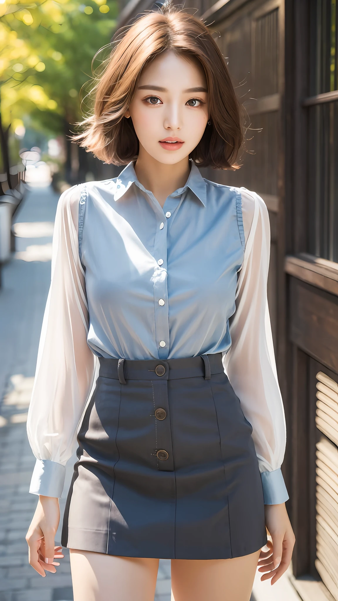 (Best quality, Ultra high resolution, Delicate, Masterpiece, Full body :1.3), Photorealistic, A tall and pretty woman, Ulzzang-6500-v1.1, Slim figure beauty, Slim waist, (Short hair), Collared shirt and flared skirt, Outdoor, Warm tone, Soft light, Details exquisitely rendered in the face and skin texture, Detailed eyes, Double eyelid