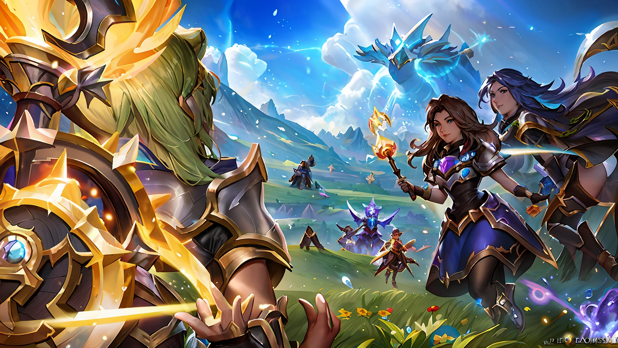 a close up of a bunch of people in a field with a sky background, heroes of the storm splash art, official splash art, hearthstone official splash art, hearthstone splash art, heroes of the storm, hearthstone artwork, league of legends splashart, hearthstone art, splash art, league of legends splash art, hearthstone card game artwork, wallpaper splash art promo art