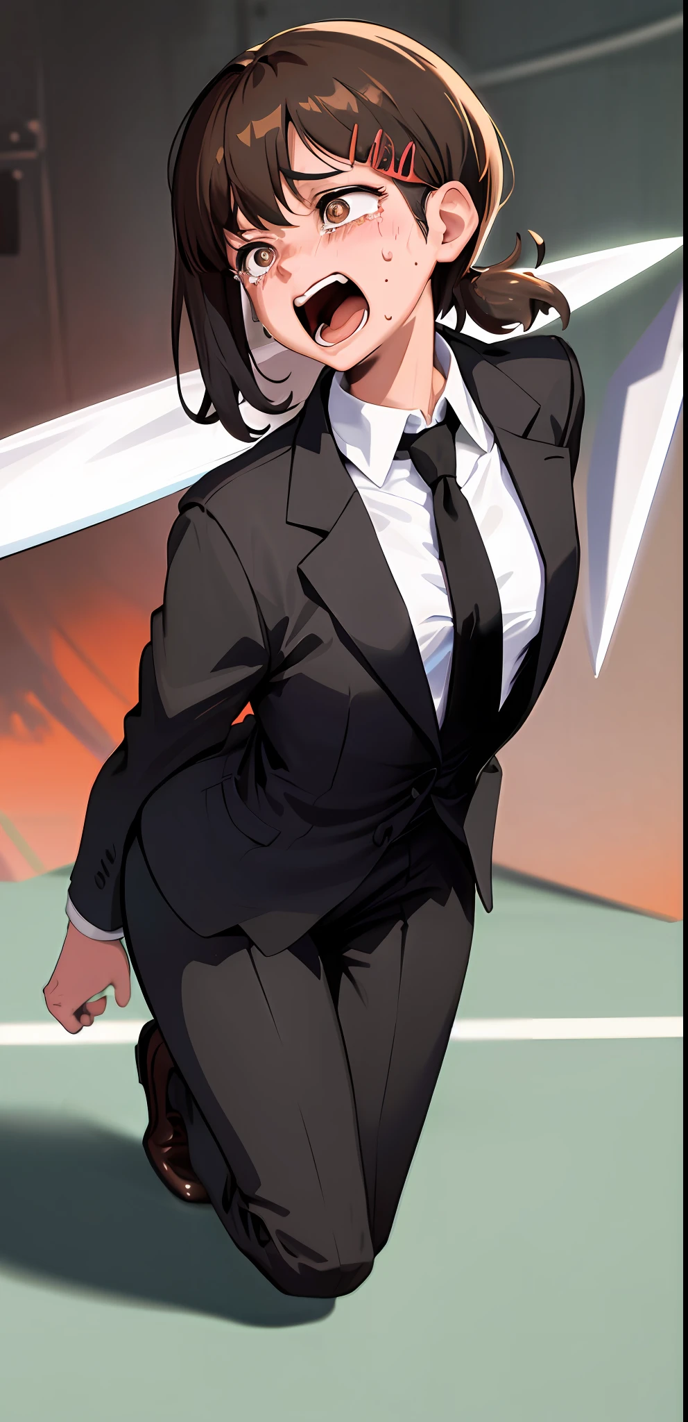 (sfw), (masterpiece:1.2), best quality, masterpiece, highres, original, extremely detailed wallpaper, (ultra-detailed), (best illustration), (best shadow), (realism), small breasts, perky breasts, business suit, holding a knife, crazy look, crazy eyes, yandere, sweating, crying, blushing, blazer, black necktie, white collared shirt, (brown eyes),mouth open , screaming, screaming face