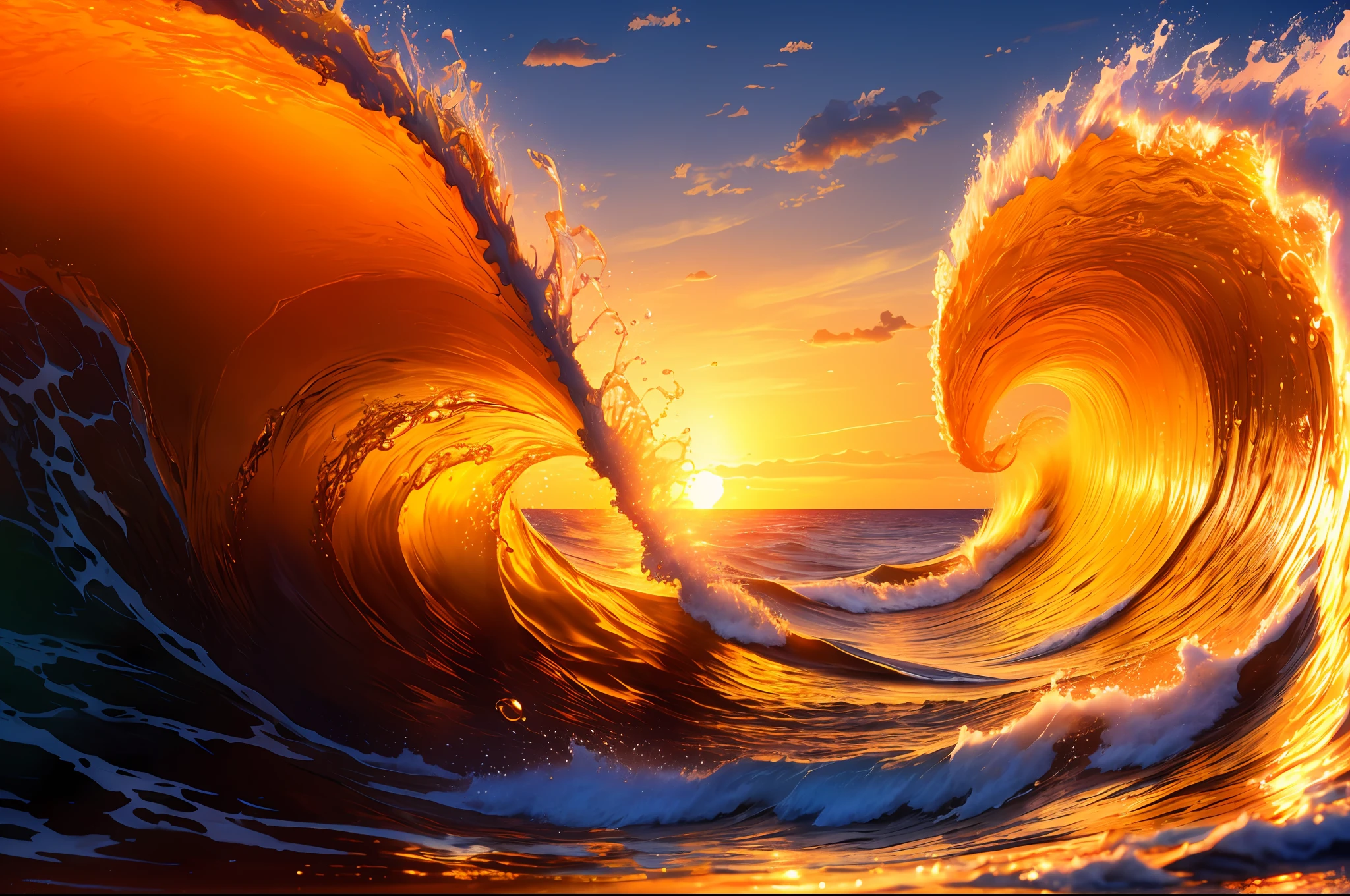 Masterpiece, best quality, (8k very detailed CG unit wallpaper) (best quality), (best illustration), (best shadows) a golden sea wave, bright orange aol sunset through the wave, golden droplets flying, (:1.6) posseidon coming out of the wave