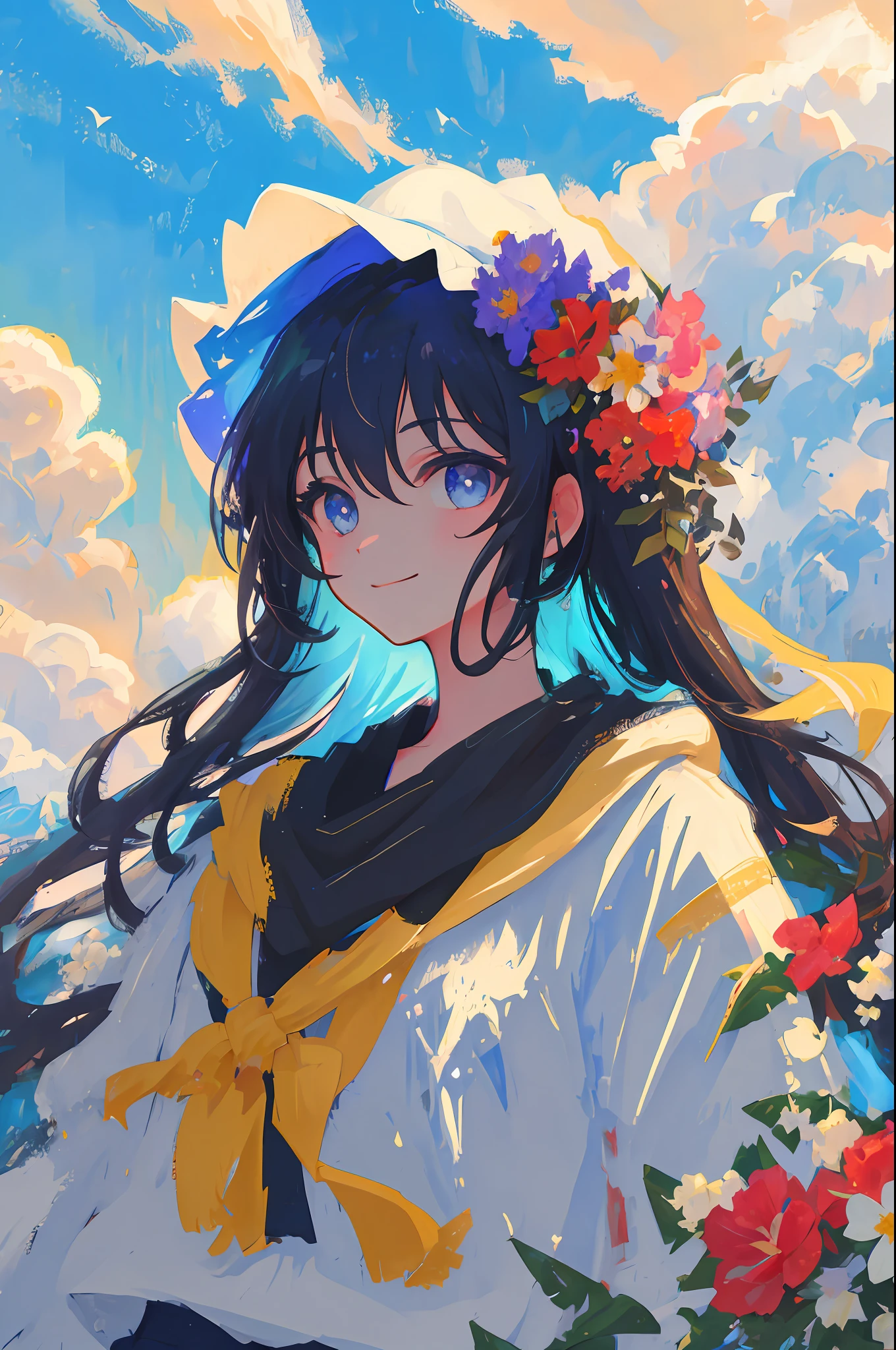 MKSKS, masterpiece, best quality, super detailed, illustration, close up, straightforward, facial focus, smile, colorful, background composed of flowers, sky, clouds sky, girl with beautiful eyes, cold face, looking at the viewer