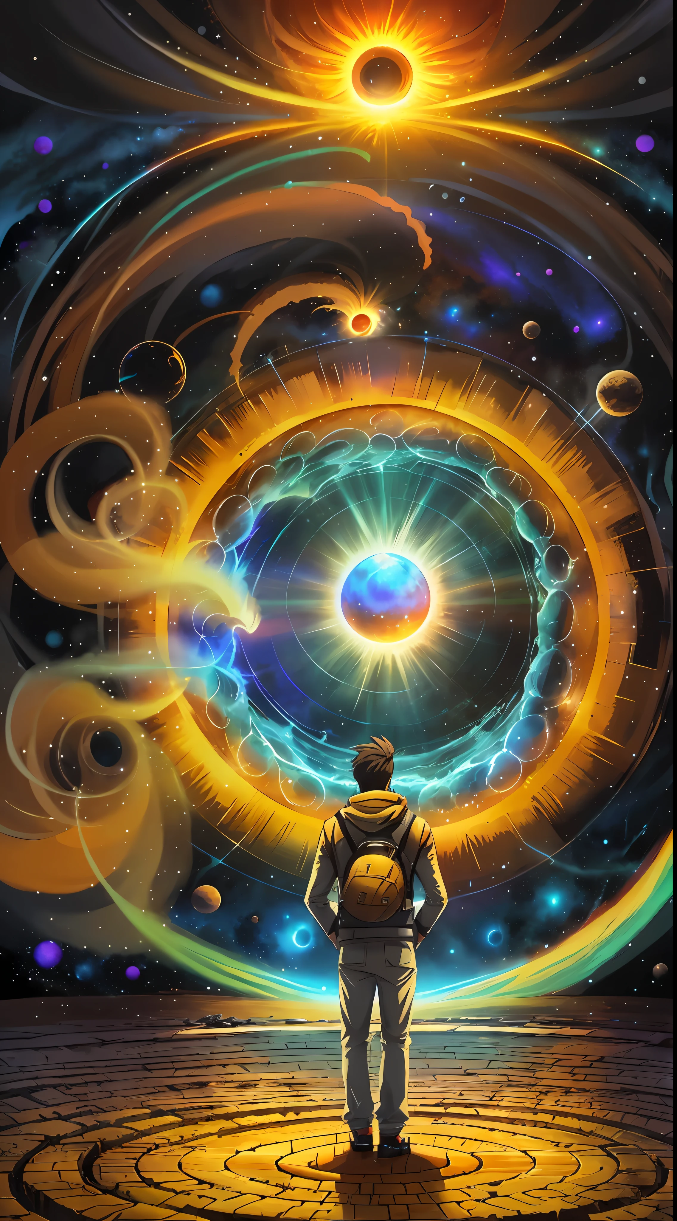 a man standing in front of a space portal with a view of the sun, cyril rolando and goro fujita, portal to another universe, inspired by Cyril Rolando, portal to another dimension, world seen only through a portal, high quality fantasy stock photo, portal to another world, portal to outer space, in style of cyril rolando, looking out into space