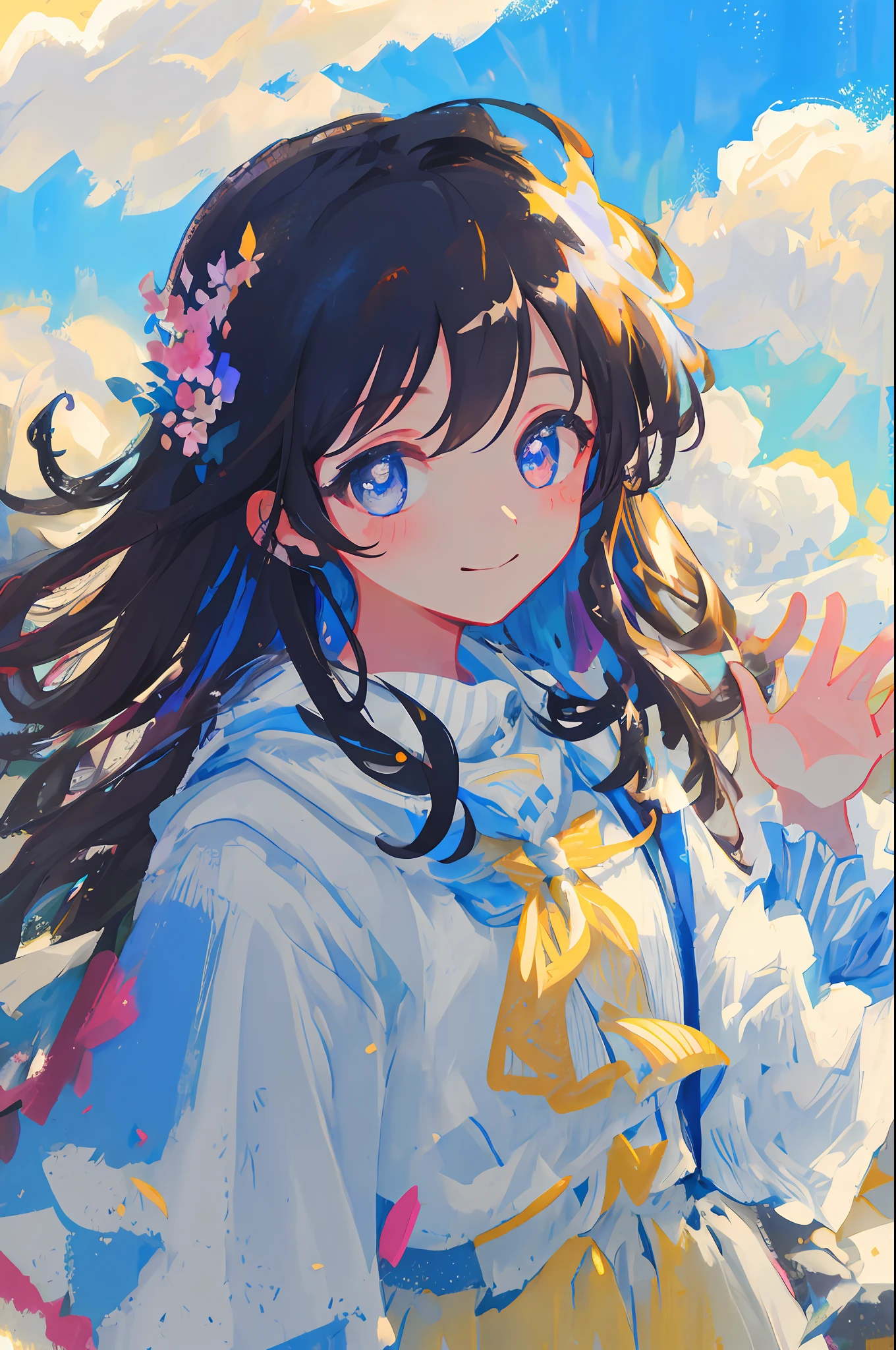 MKSKS, masterpiece, best quality, super detailed, illustration, close up, straightforward, facial focus, smile, colorful, background composed of flowers, sky, clouds sky, girl with beautiful eyes, cold face, looking at the viewer