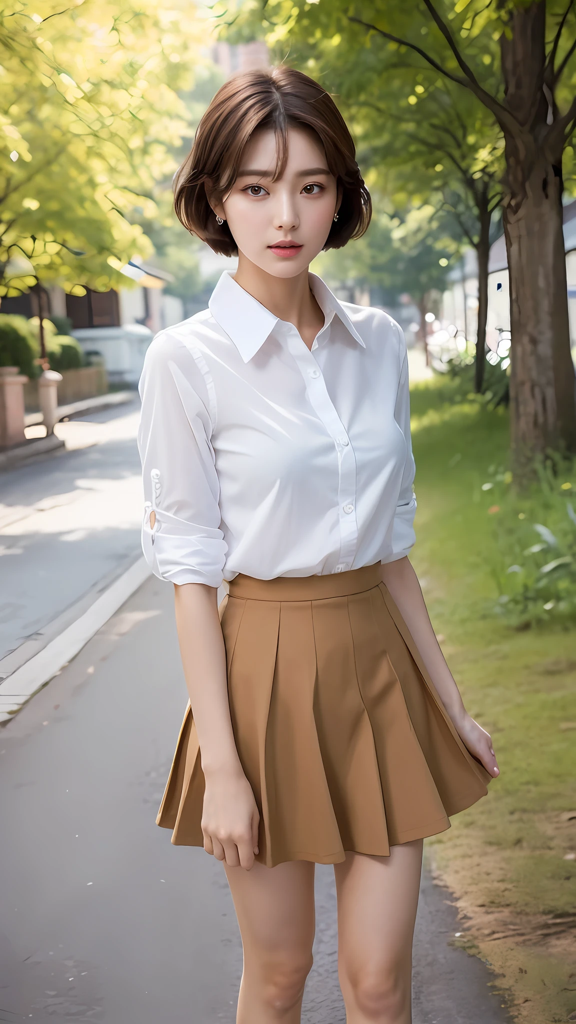 (Best quality, Ultra high resolution, Delicate, Masterpiece, Full body :1.3), Photorealistic, A tall and pretty woman, Ulzzang-6500-v1.1, Slim figure beauty, Slim waist, (Short hair), Collared shirt and flared skirt, Outdoor, Warm tone, Soft light, Details exquisitely rendered in the face and skin texture, Detailed eyes, Double eyelid