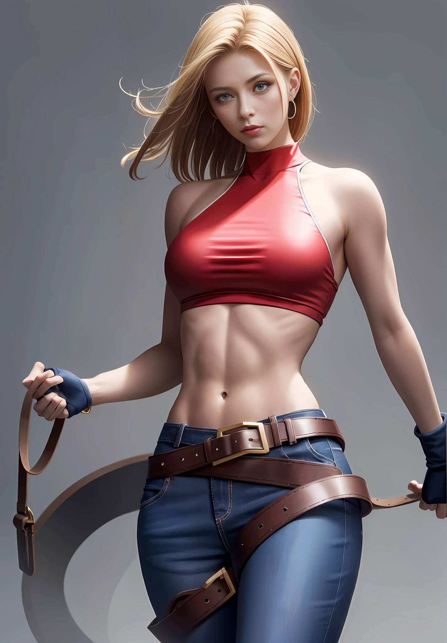 Maryms, Top Quality, (Beauty), 1girl, Physically Based Rendering, Ultra High Resolution, (Cowboy Shot: 1.5), Narrow Waist, Skinny, Red Sports Bra, Muscular, Big Blue Eyes, Long Legs, Low Rise Jeans, Leather Belt, Big Breasts, Puffy Eyes, Leather Belt, (Rain City), Glossy Skin, Facing People, Winning Posture, Navel, Exposed Abdomen, Pointed Chest, Chest tips, wet body, shine body, shiny skin