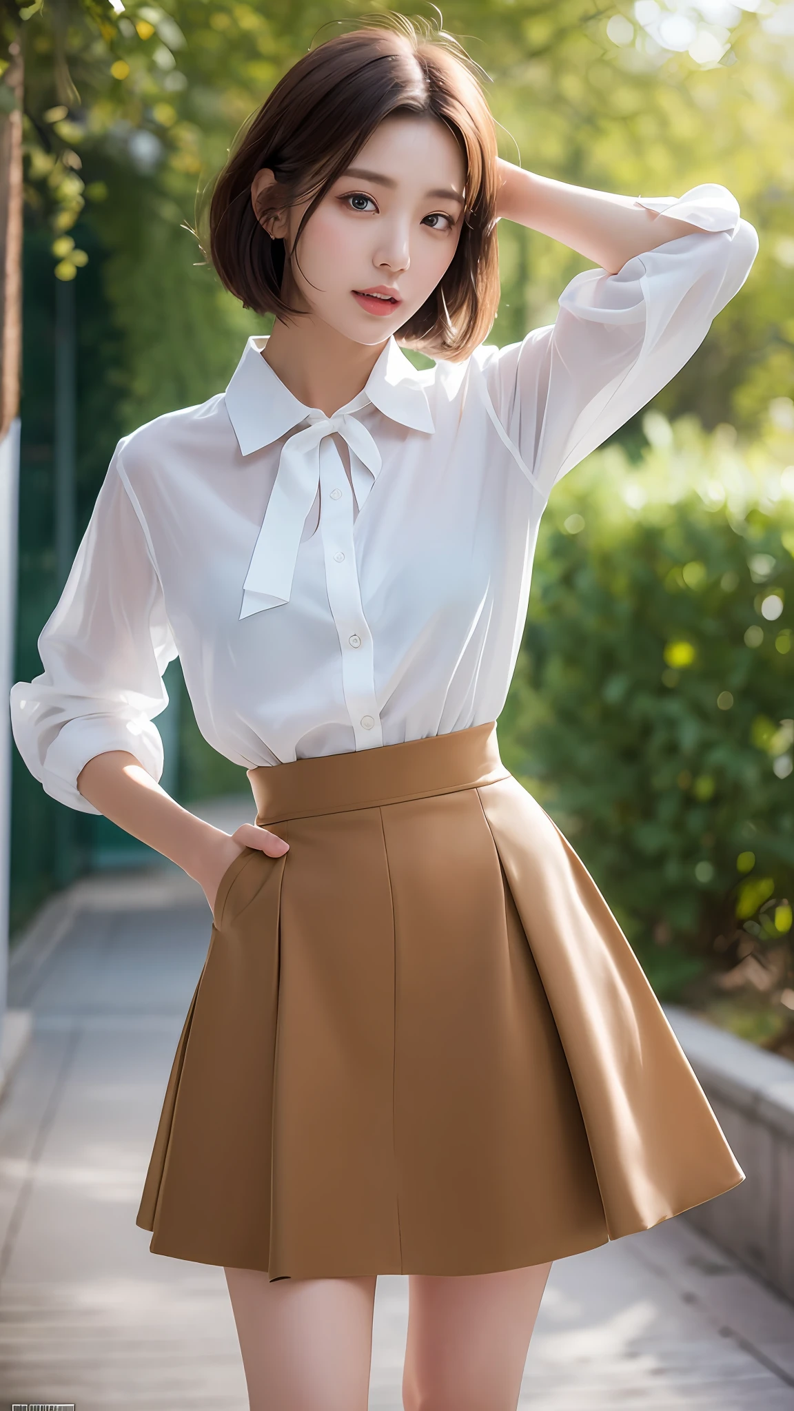 (Best quality, Ultra high resolution, Delicate, Masterpiece, Full body :1.3), Photorealistic, A tall and pretty woman, Ulzzang-6500-v1.1, Slim figure beauty, Slim waist, (Short hair), Collared shirt and flared skirt, Outdoor, Warm tone, Soft light, Details exquisitely rendered in the face and skin texture, Detailed eyes, Double eyelid