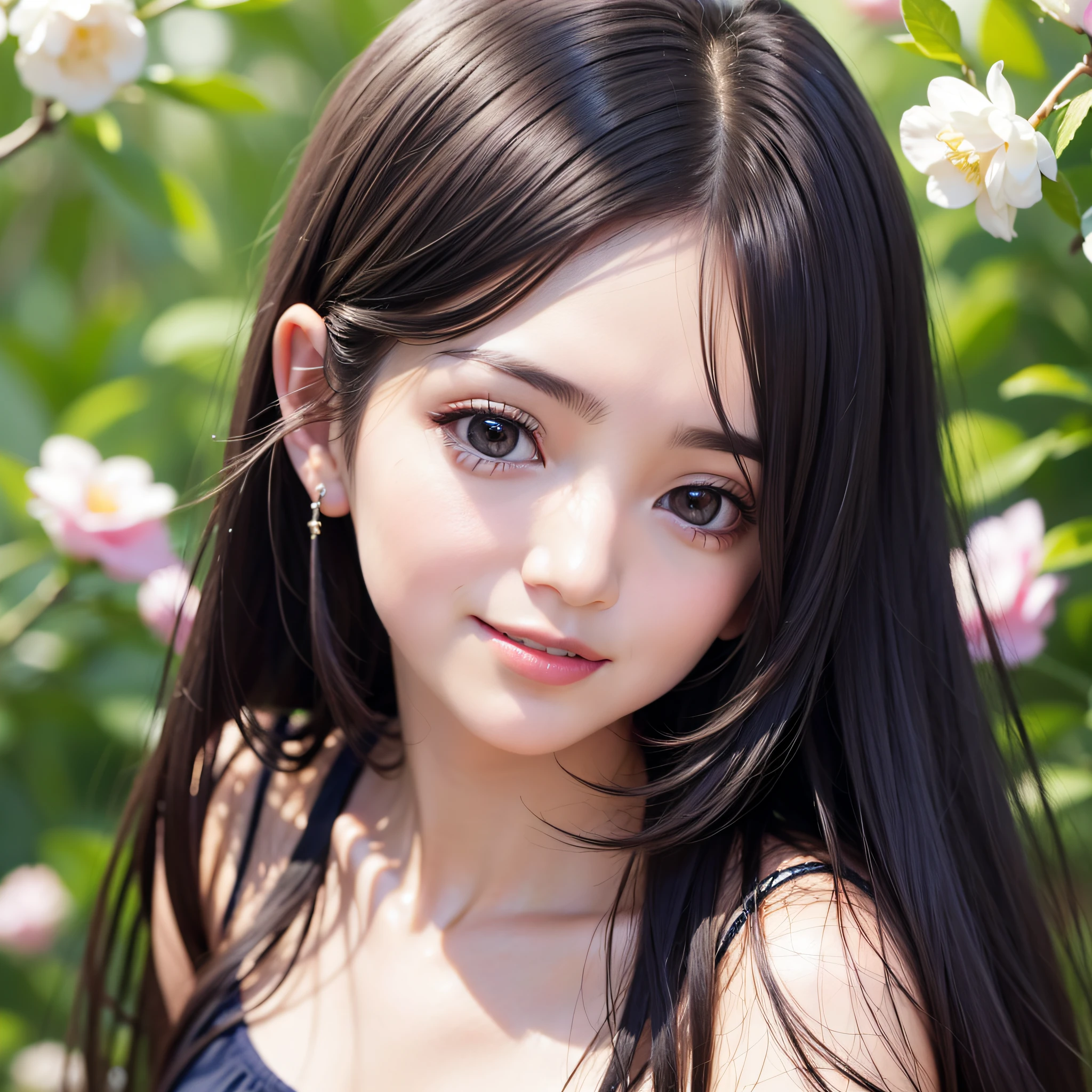 Beautiful Japan woman, nice perfect face with soft skin, small face with nose and rose-like lips, beautiful eyes, beautiful smile. Black thin long beautiful hair bathed in a vivid etheric glow, facing front in the center, extreme close-up shot, navy short top with wide apple green pants, bright colorful background, photorealistic, masterpiece, highest quality, super detail, HDR, 8K