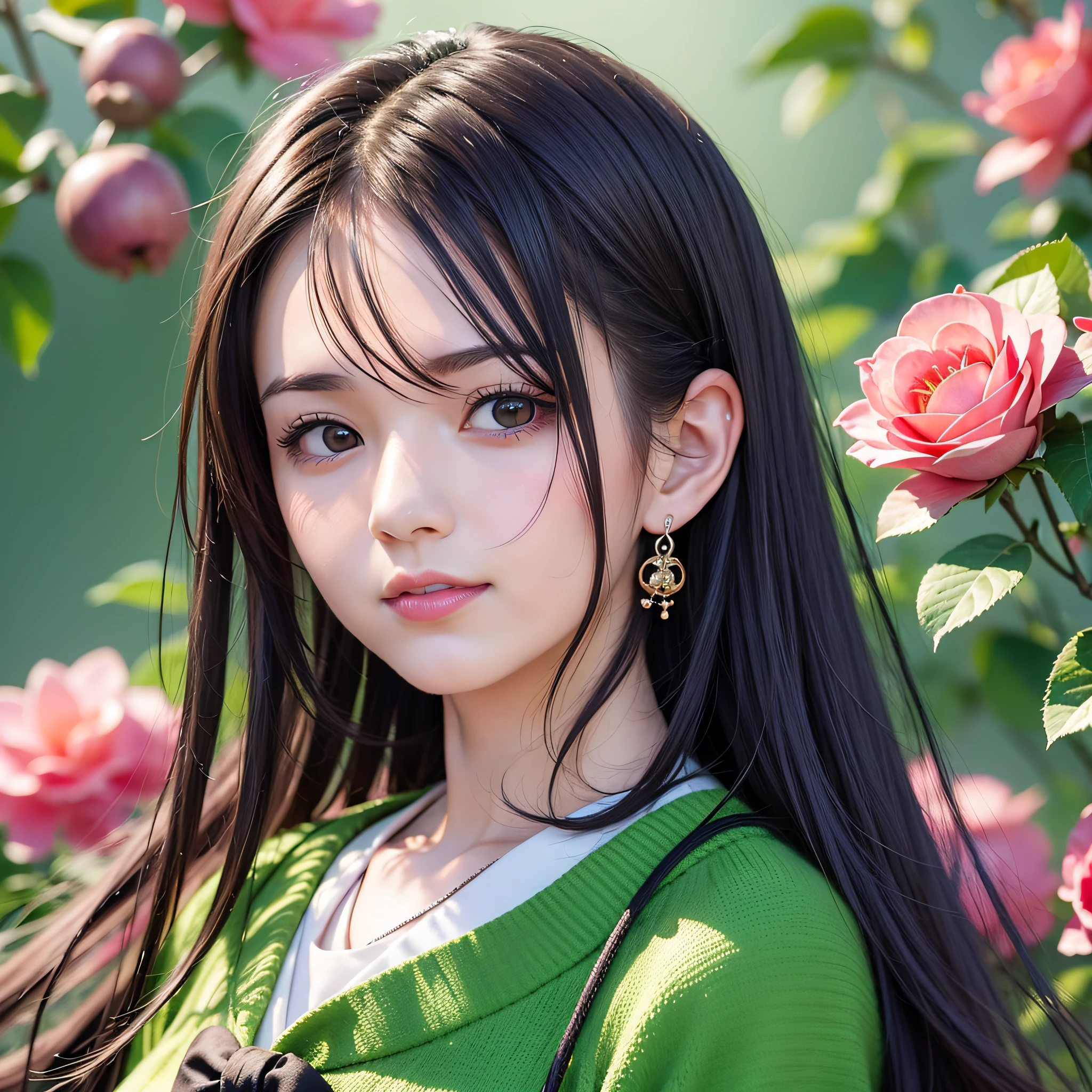 Beautiful Japan woman, nice perfect face with soft skin, small face with nose and rose-like lips, beautiful eyes, beautiful smile. Black thin long beautiful hair bathed in a vivid etheric glow, facing front in the center, extreme close-up shot, navy short top with wide apple green pants, bright colorful background, photorealistic, masterpiece, highest quality, super detail, HDR, 8K