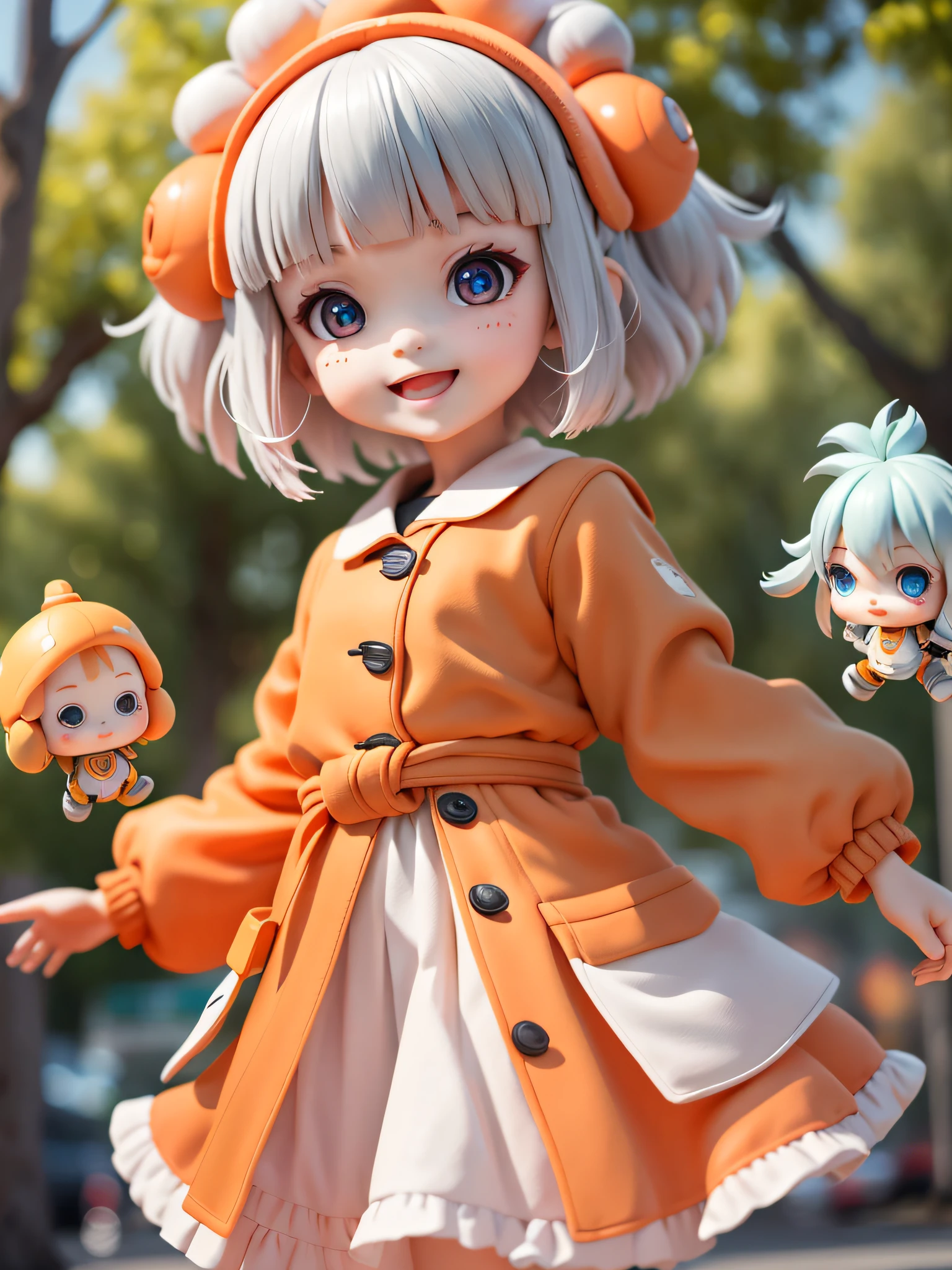 (Daisaku), (Extreme), (Ultra Detailed), (Prime: 1.9), 1girl, Sunshine, Cute, Orange, (Big Head: 1.8), Doll, Smile, Open Mouth, Urban, Fashion, Coat, Blush, Tree, Shirt, Short Hair, Orange, White Headdress, Blurry, Long Sleeves, Bangs, White Hair, (Beautiful and Delicate Face), (Beautiful and Delicate Eyes),