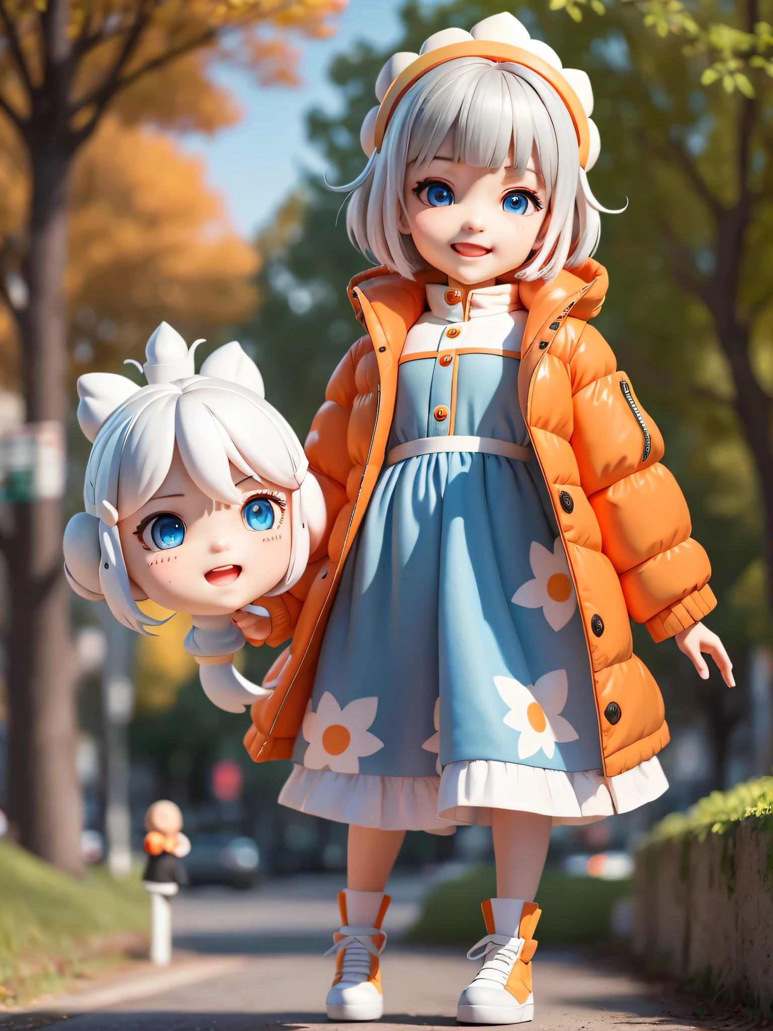(Daisaku), (Extreme), (Ultra Detailed), (Prime: 1.9), 1girl, Sunshine, Cute, Orange, (Big Head: 1.8), Doll, Smile, Open Mouth, Urban, Fashion, Coat, Blush, Tree, Shirt, Short Hair, Orange, White Headdress, Blurry, Long Sleeves, Bangs, White Hair, (Beautiful and Delicate Face), (Beautiful and Delicate Eyes),