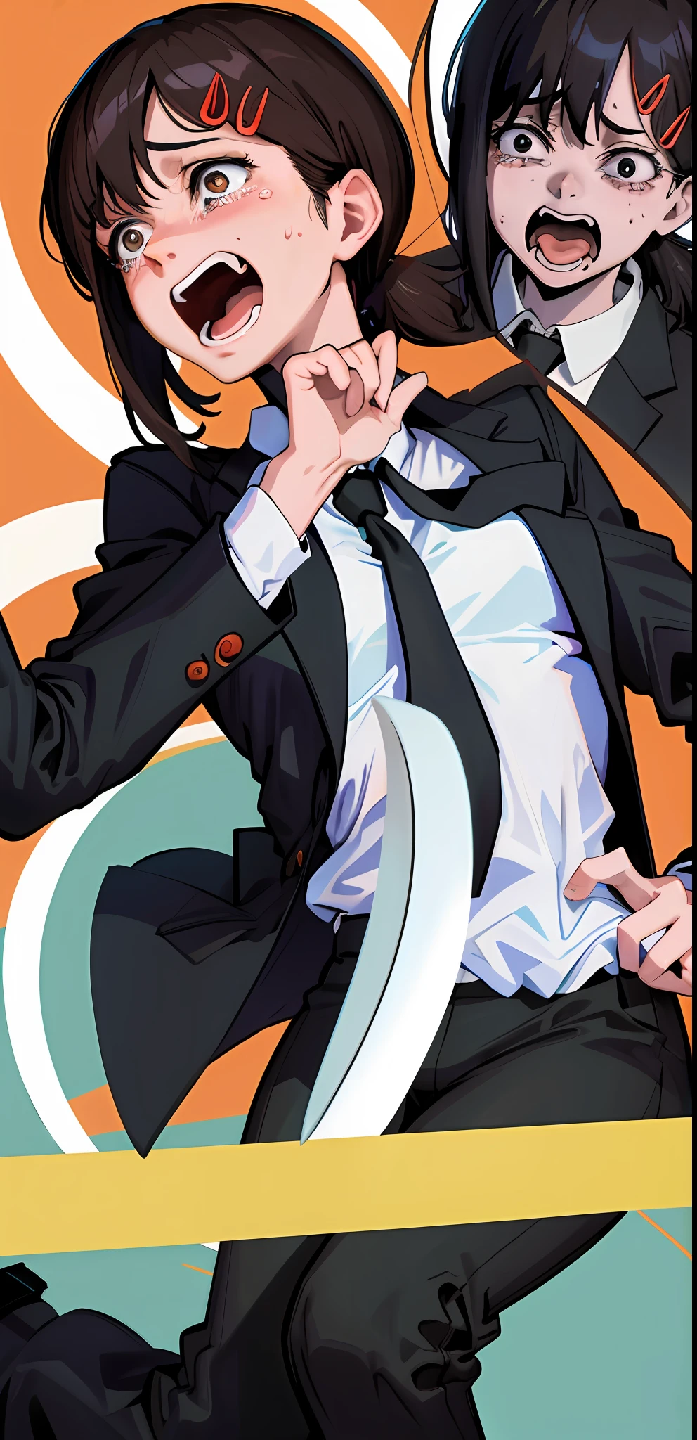 (sfw), (masterpiece:1.2), best quality, masterpiece, highres, original, extremely detailed wallpaper, (ultra-detailed), (best illustration), (best shadow), (realism), small breasts, perky breasts, business suit, holding a knife, crazy look, crazy eyes, yandere, sweating, crying, blushing, blazer, black necktie, white collared shirt, (brown eyes),mouth open , screaming, screaming face