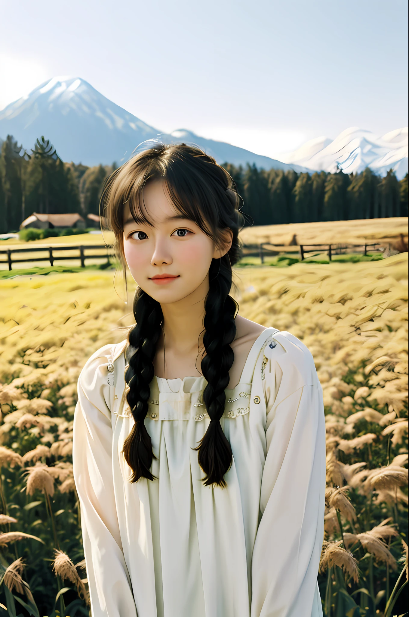 A girl dressed in a cute, country-style dress with braided hair, standing in a rustic farm setting. She has a soft, gentle smile and expressive eyes. The background features a charming barn, fields of golden wheat, and a clear blue sky. The composition should be bathed in the warm, golden hour light, with a gentle depth of field and soft bokeh to accentuate the pastoral serenity. Capture the image as if it were taken on an old-school 35mm film for added charm. film portrait photography, 35mm film, filmg,