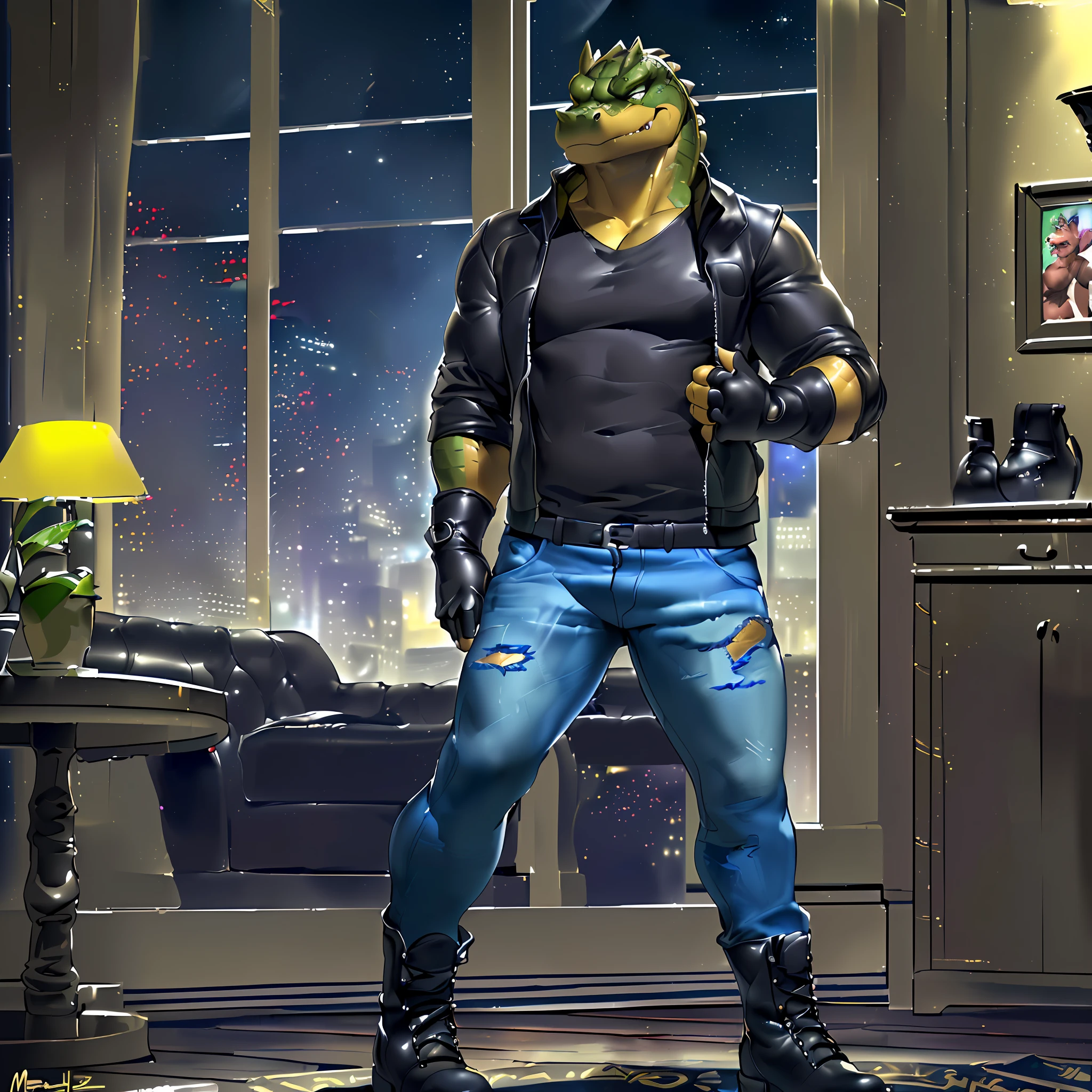 (masterpiece, best quality, high quality, highres:1.4), detailed, extremely detailed, ambient soft lighting, 4K, by (by Pino Daeni, (by ruaidri), yupa, kiyosan,(by meesh), (by sollyz) (by fffffolder)), (cuban crocodile: ( hunk, athletic, crocodile, yellow body, scales, athletic muscle, anthro legs, (crocodile feet) (((solo))), green eyes, (detailed eyes), crocodile tail, bare_shoulders , (((angry_face))), (clothing, (topwear: (open jacket), handwear:(gloves: fingerless), bottomwear:(jeans:black, leather boots))),standing) tag:1boy)) ,(((night))), (((inside apartment)))