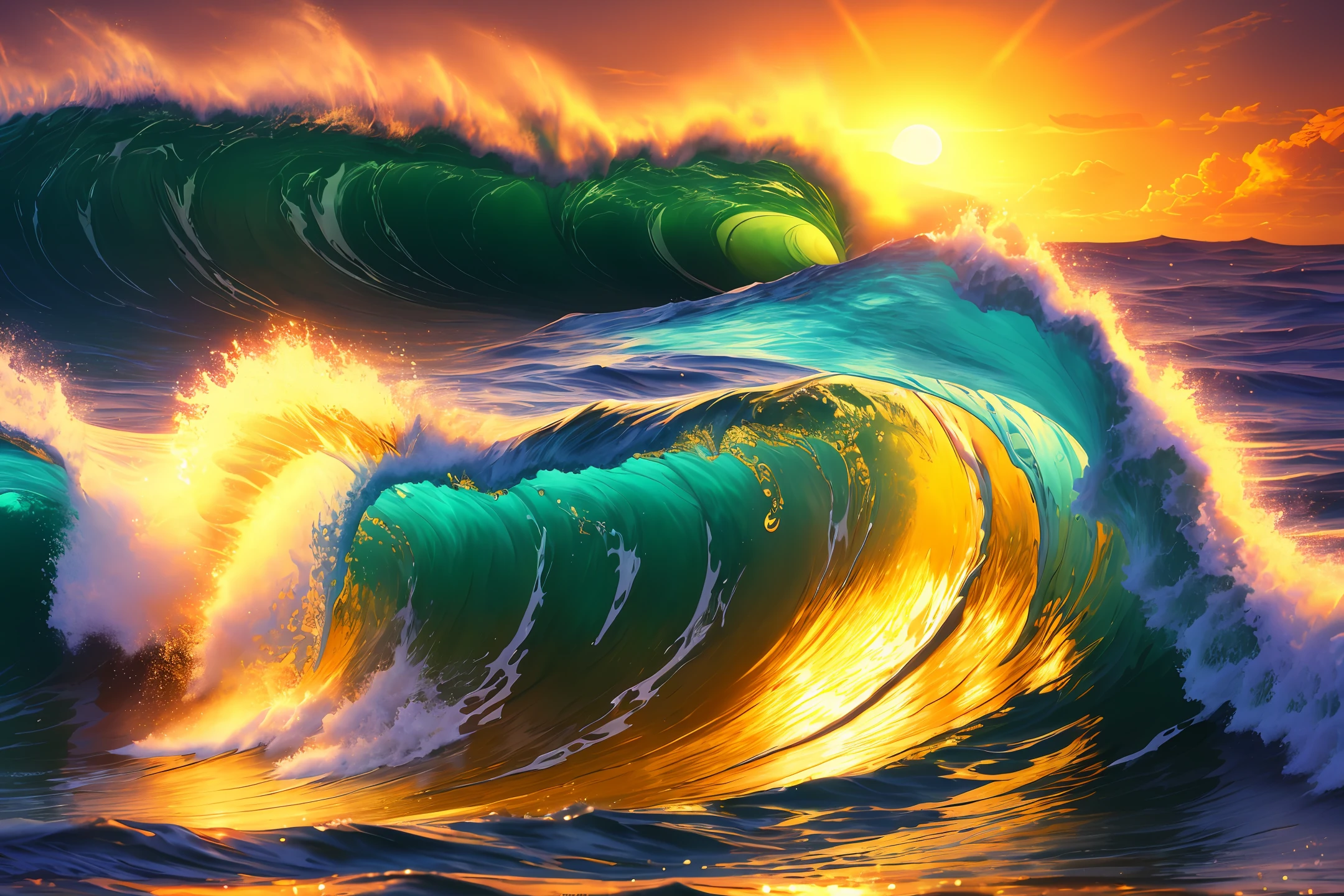 Masterpiece, best quality, (8k very detailed CG unit wallpaper) (best quality), (best illustration), (best shadows) a golden sea wave, bright orange aol sunset through wave, golden droplets flying, (:1.6) Neturno the king of the sea surfing the wave