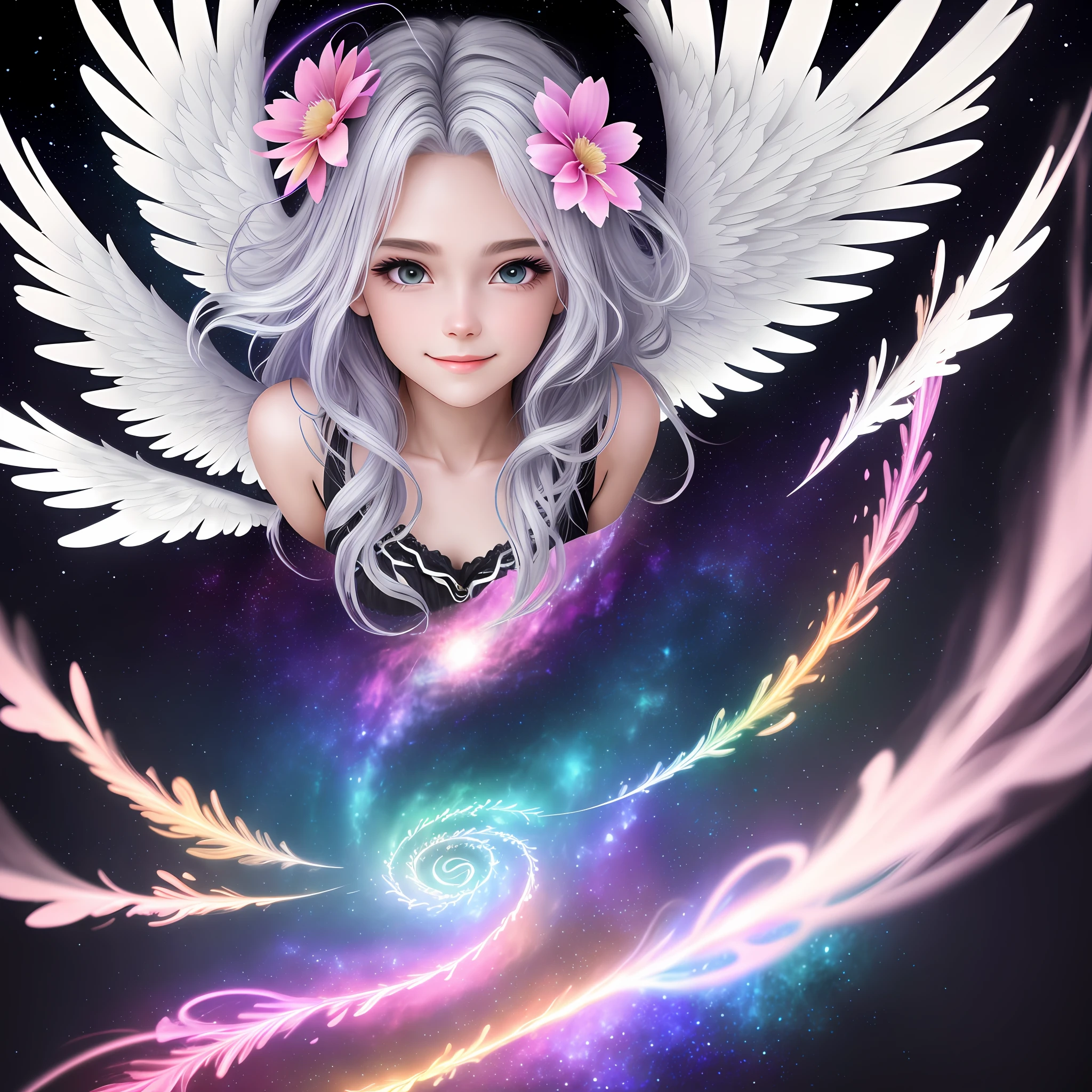Create an angel with beautiful open wings, with spiral galaxy background releasing silver stars, gradient hair, rainbow hair, hair flower, furrowed brow, smile, Expressionism, optical illusion, reflection light, high quality, 8k