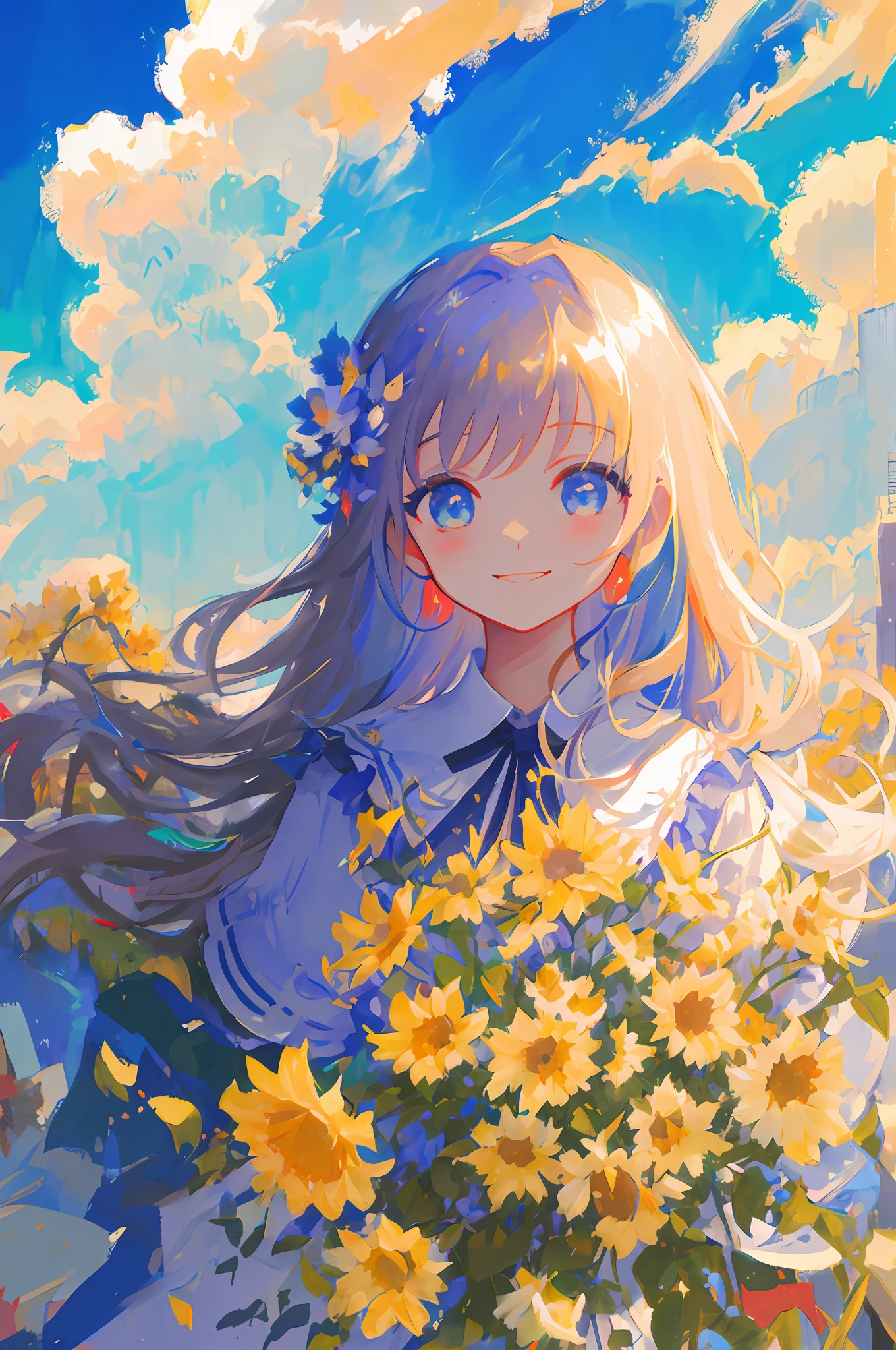 MKSKS, masterpiece, best quality, illustration, close up, straightforward, facial focus, smile, colorful, flowers, cyan sky, cloud sky, girl with beautiful eyes,