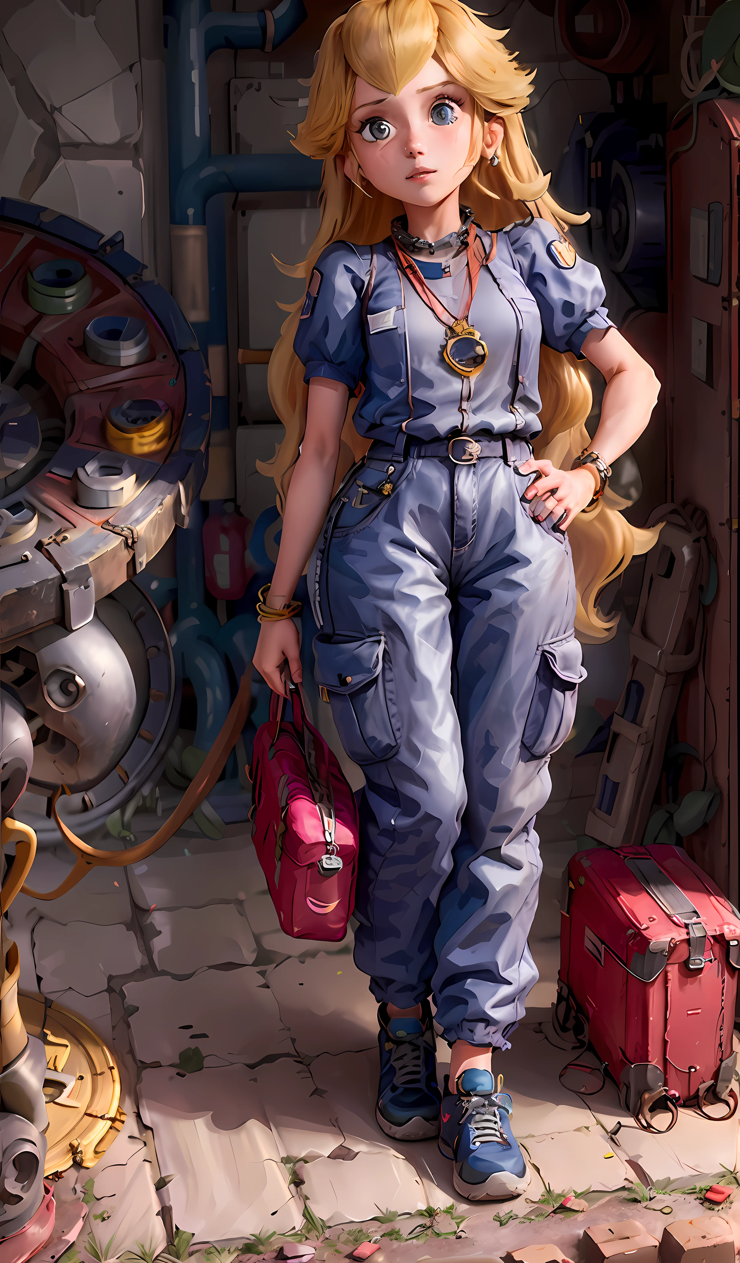 4k, realistic, carismatic, very detail, there is a girl in workshop, she is a mechanic, baggy pants many pocket, navy theme, wavy hair, 25 years old, full body, wearing nike shoes, necklace, wearing many bracelet, hold wrench