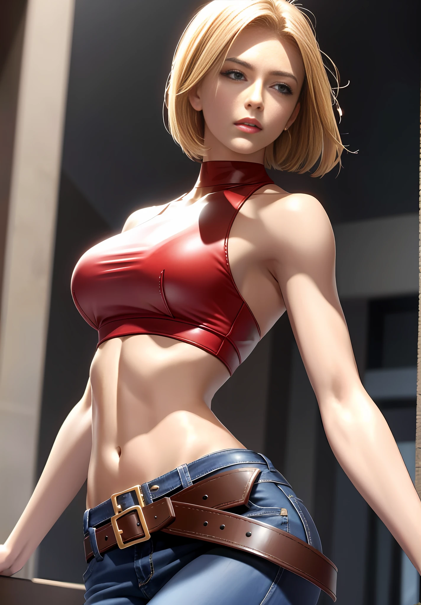 Maryms, Top Quality, (Beauty), 1girl, Physically Based Rendering, Ultra High Resolution, (Cowboy Shot: 1.5), Narrow Waist, Skinny, Red Sports Bra, Muscular, Big Blue Eyes, Long Legs, Low Rise Jeans, Leather Belt, Big Breasts, Puffy Eyes, Leather Belt, (Rain City), Glossy Skin, Facing People, Winning Posture, Navel, Exposed Abdomen, Pointed Chest, Chest tips, wet body, shine body, shiny skin