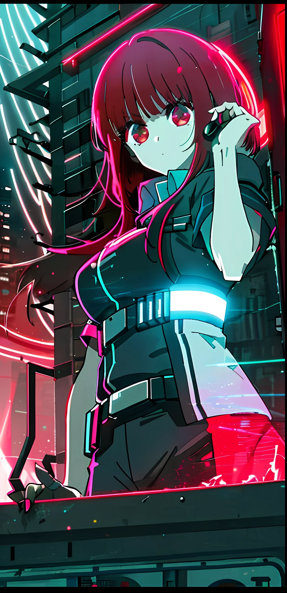 a building with neon lights on the front of it, 1 girl, red hair, red eyes, medium breast, looking at viewer, close up