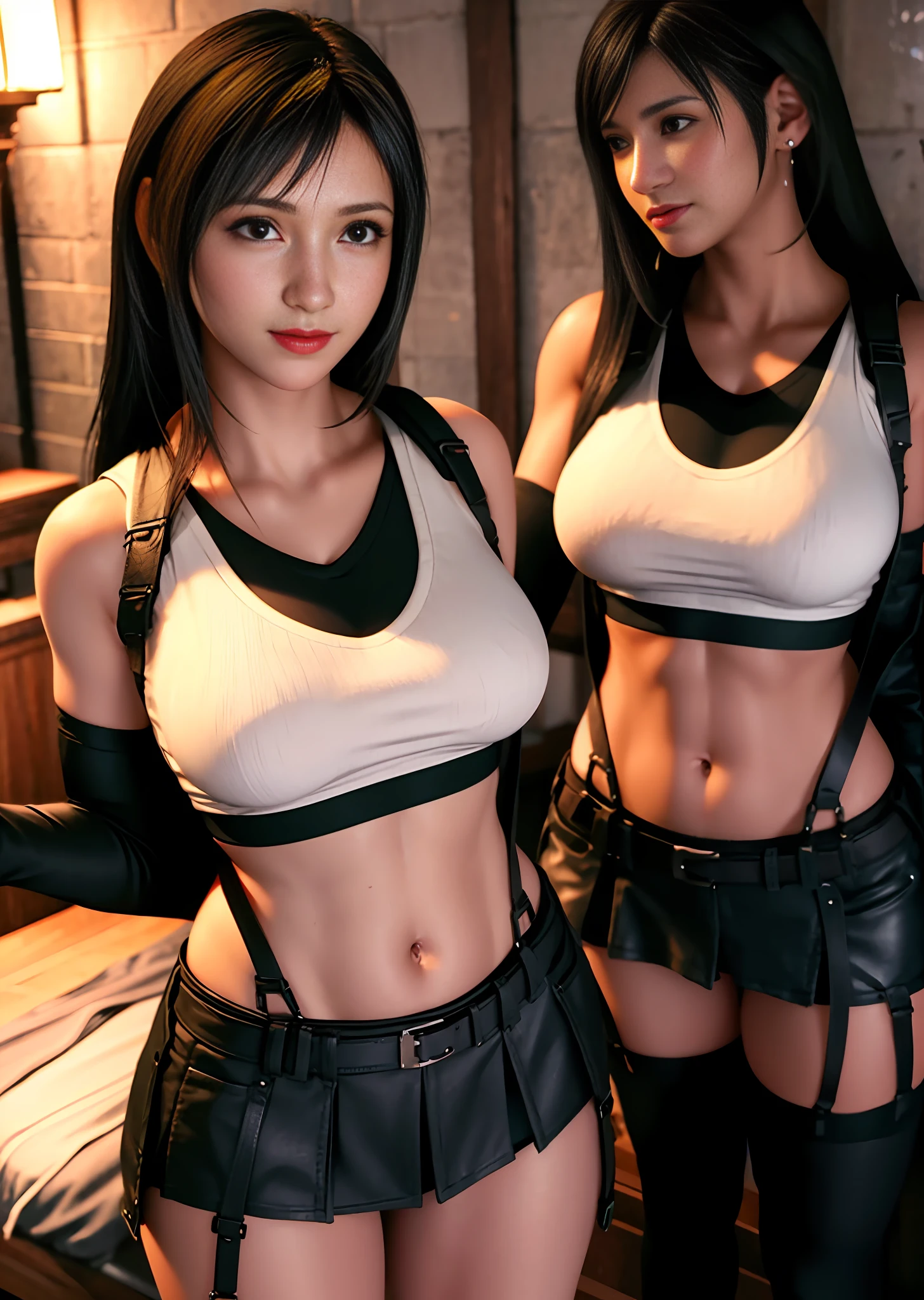 (Photorealistic: 1.4), top quality, very delicate and beautiful, high resolution, 1girl, tifa_lockhart, smile, cowboy shot, suspenders, mini skirt, sports bra, tense shirt, black hair, long hair, elbow gloves, beautiful detailed red eyes, face light, cinematic lighting, big breasts, navel, low rise, ribs, abs, exposed abdomen, pointed chest, tip of chest, belly, girl 12 years old, shine body, wet body,