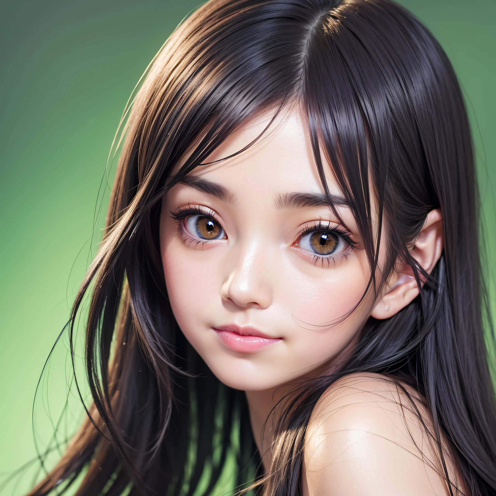Beautiful Japan woman, nice perfect face with soft skin, small face with nose and rose-like lips, beautiful eyes, beautiful smile. Black thin long beautiful hair bathed in a vivid etheric glow, facing front in the center, extreme close-up shot, navy short top with wide apple green pants, bright colorful background, photorealistic, masterpiece, highest quality, super detail, HDR, 8K