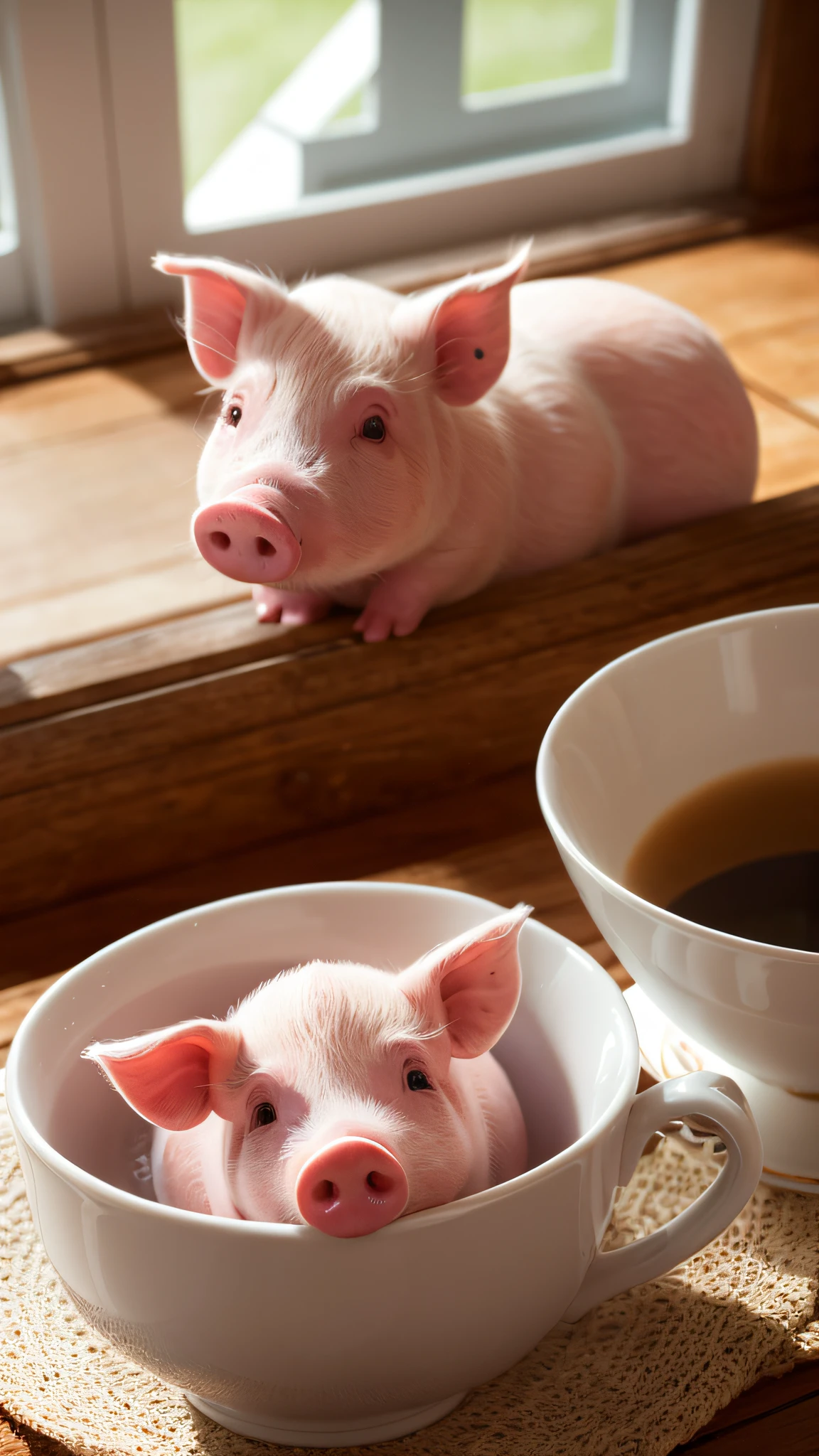 pig, (Small)))), in a teacup, Face, Front paws out, 8K, Professional photo, Delicate, Clear, On the table, Inside the house, Sunshine, Light Leak, Masterpiece, ((Pretty))), Fashionable Teacup, (Reality), Plush Toy, Round Pupils