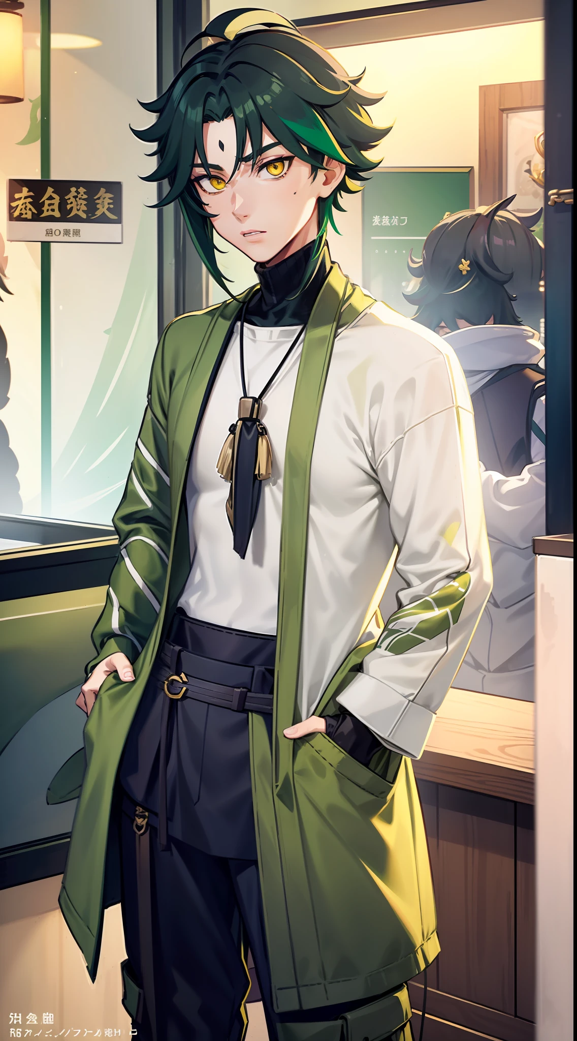 Adult male, dark green medium short hair, yellow eyes, ((Genshin), (魈))), {Clothing description: (white turtleneck sweater), (dark green coat), (dark green cargo pants)}, inside a café