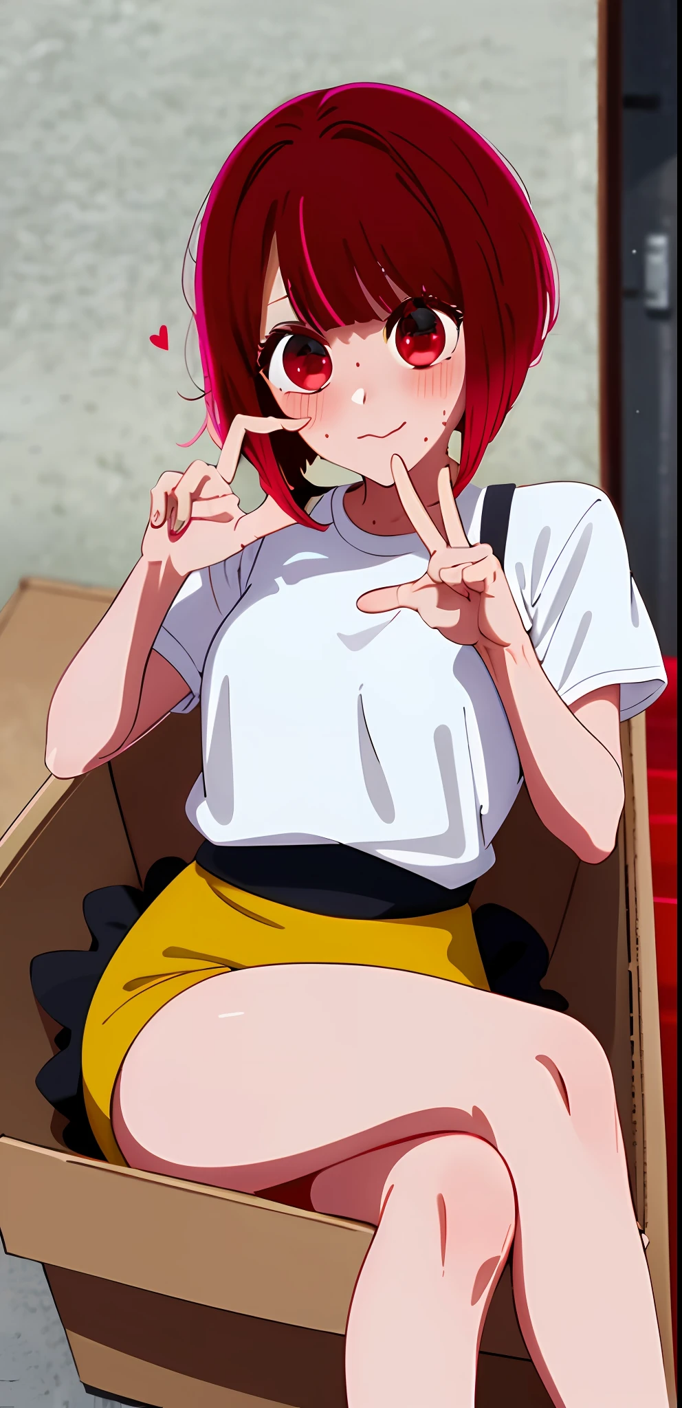 in container, 1girl, solo, red hair,red eyes, shirt, blush, sitting, white shirt, snowing, bangs, closed mouth, short sleeves, snow, full body, sitting ,(box:1),in box,looking at viewer, medium breast, blushing, sweating , tag on shirt, post card, heart, hand peace sign, surprised face, laying down