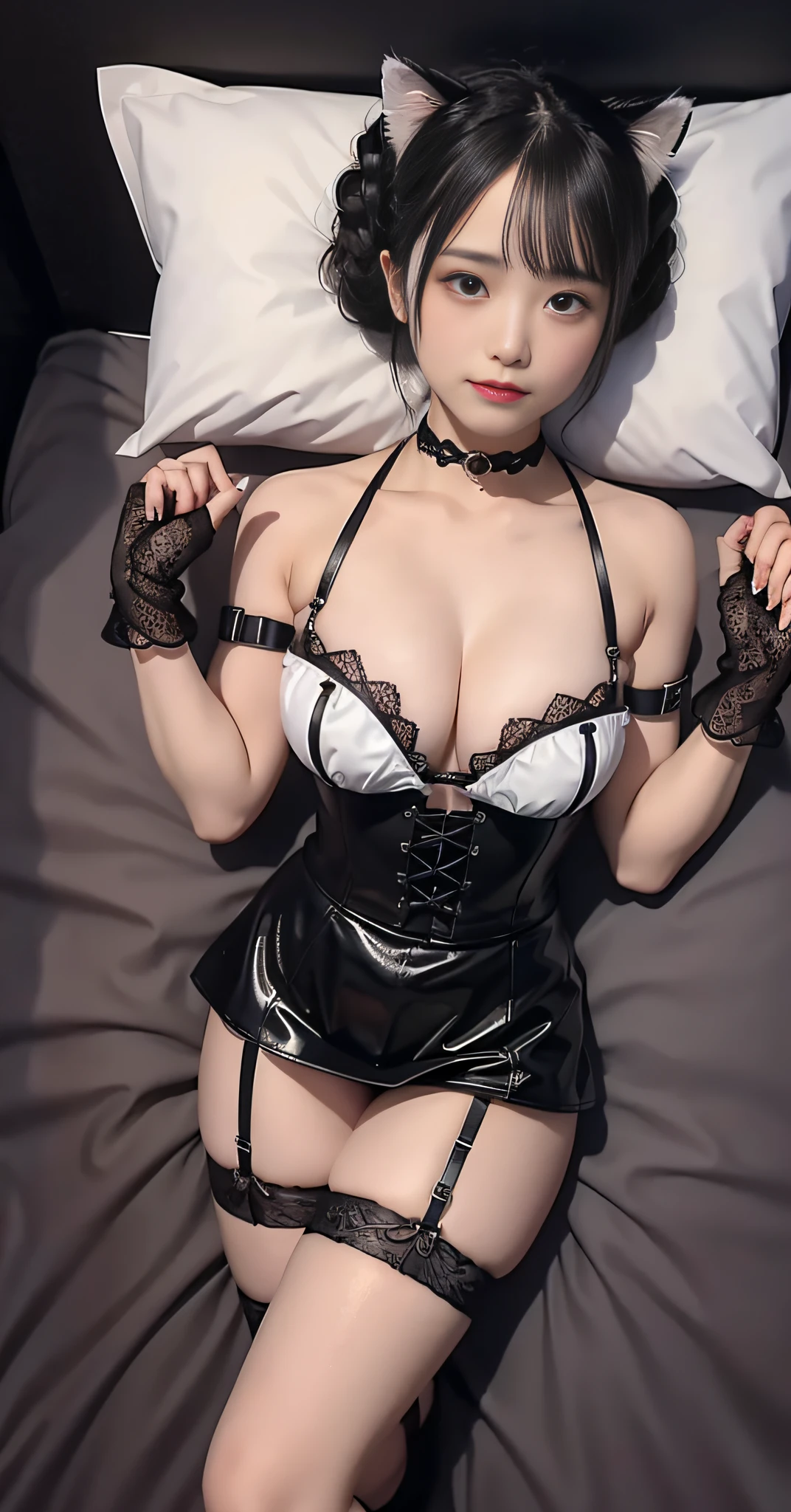 Pitch black theater stage, girl in black leather corset bustier and micro mini skirt, garter net stockings, enameled thigh boots. devilish girl is lying on bed on stage ((Waterbed: 1.5)) and looking at camera in a sexy pose. Thick bones, super large: 1.3, plump body, cute bangs, cute round face, tanuki face, SSR card design, glitter, dazzling, rose tattoo, bun hair, long gloves, fangs, sad expression, arms outstretched towards the camera, soft puff, darkness in the background, lying on a purple sheet, spider net necklace, large spider net, Cute face, short waist, short upper body, black walls, ((Sleeping in bed: 1.5)), (((Enameled purple sheets: 1.5)), troubled face, large gloves in the shape of a cat's hand, (curly hair on one side: 1.5)), braided hair, very detailed face and skin texture, BDSM, ((hands tied back: 1.5)), ((M-shaped legs: 1.5)), Surrounded by many kittens, a large black and white lace choker, black nails with glitter, black leather harness,DOGGY STYLE POSE
