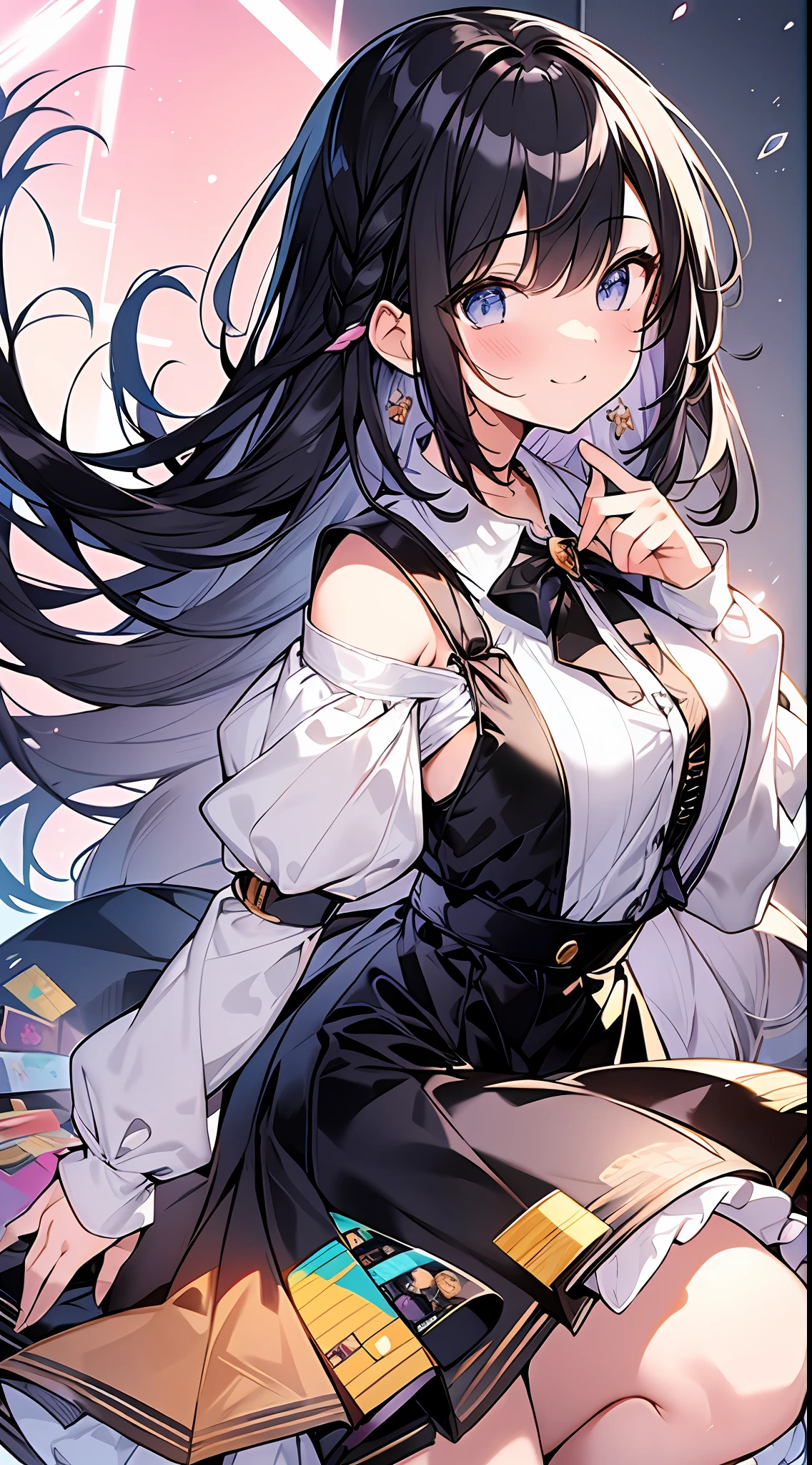 Top Quality, Masterpiece, High Resolution, 8k, Pastel Outfit, Anime Style Girl with Light Shirt and Skirt, One Girl, Cute, Detailed Line Art, Bright White and Bright Amber Style, Frolic, Digital Enhancement, Close Up, Anime Core, Flowing Fabric, Shoulder Length and Short Braid, Beautiful Black Hair, Big Smile, Full Body Angle