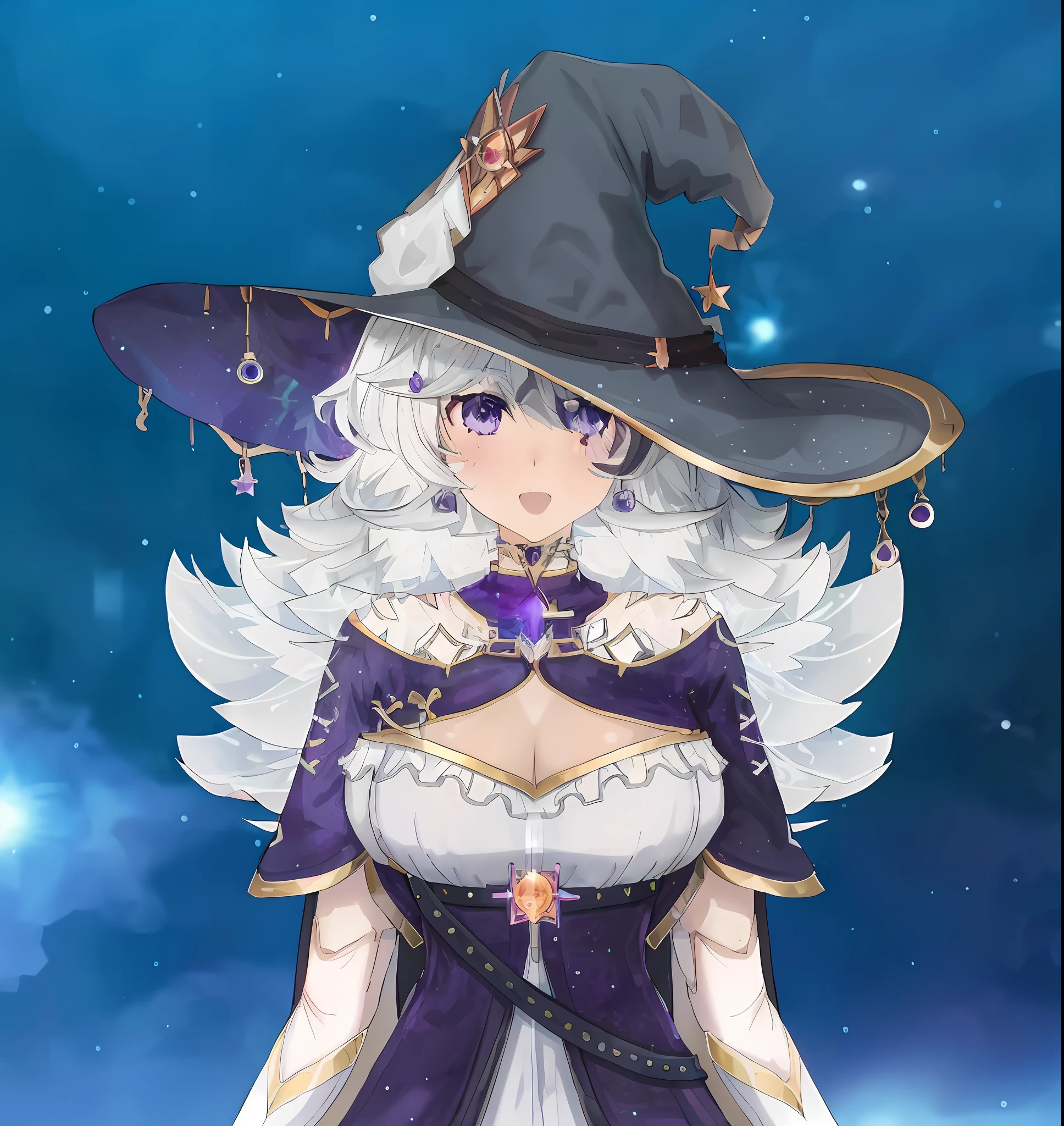 anime - style image of a woman dressed in a witch costume, (floating in a breathtaking celestial realm), (dynamic pose and dramatic angle), (casting a spell with magical energy), (beautiful celestial mage:1.2), (wearing astral witch clothes:1.1), (with sky witch:1.1 vibes), (surrounded by glowing constellations) portrait of a female mage, pretty sorceress, beautiful wizard, a beautiful sorceress, portrait of a sorceress, closeup portrait of an mage, a beautiful female wizard, beautiful sorceress, portrait of a mage, sorceress, with (purple eyes), (extremely detailed, best quality, masterful sorceress portrait with ethereal features:1.2),(delicate yet powerful presence:1.1),(expert magic arts:1.1),highlighting all intricate details, close-up photograph, katsushika, neferpitou, anime moe artstyle, hana yata