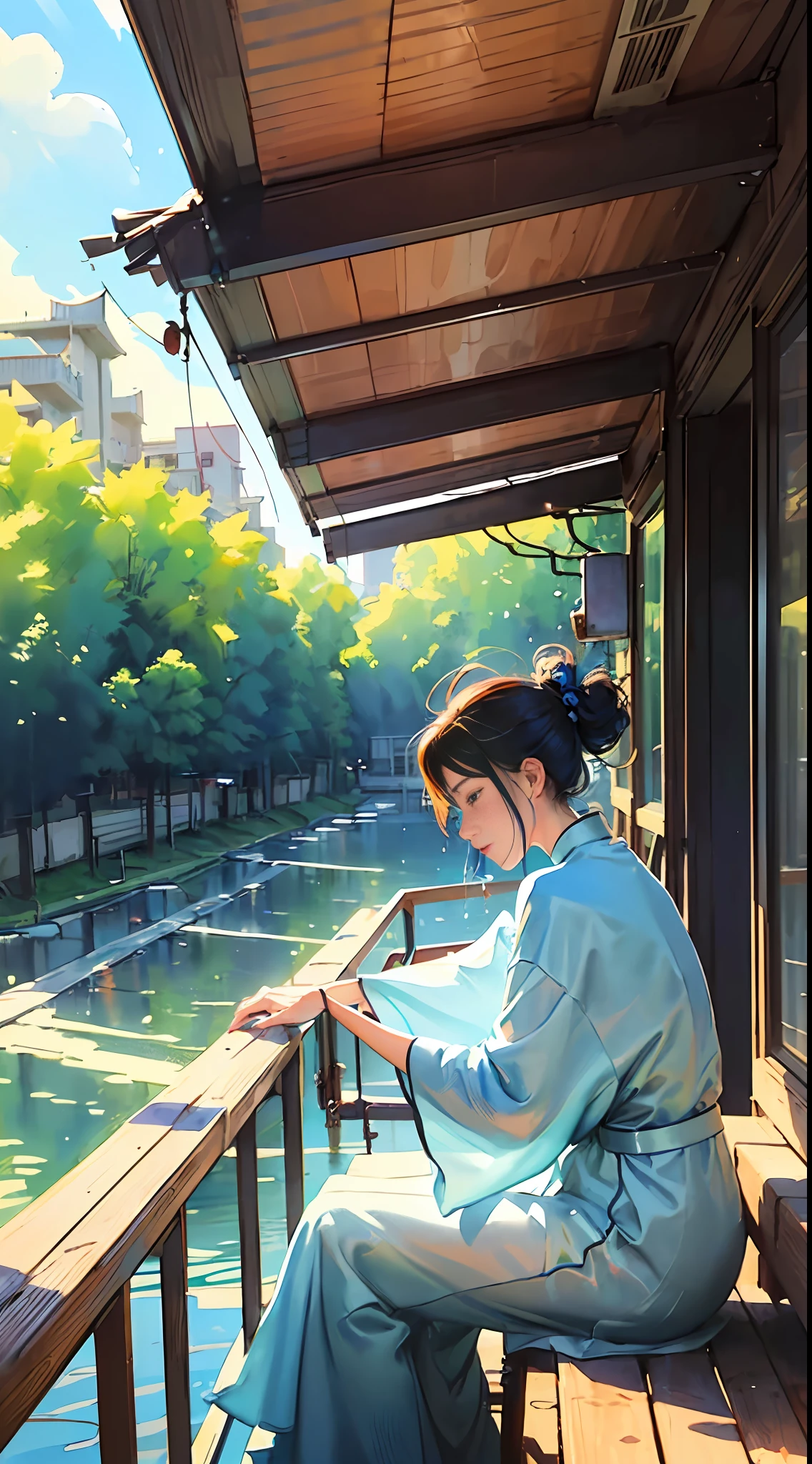 (Watercolor style, spectrum art) + (The back of a Chinese woman sits on a bench under the railing, gently leaning on the railing, one hand gently shaking a fan, lazy form, slightly sweaty blue gauze clothes, the vista color is rich and gorgeous) + (Flowing subtle reflection, pulsating smudge splash) + (Light and shadow clear swaying dynamic)