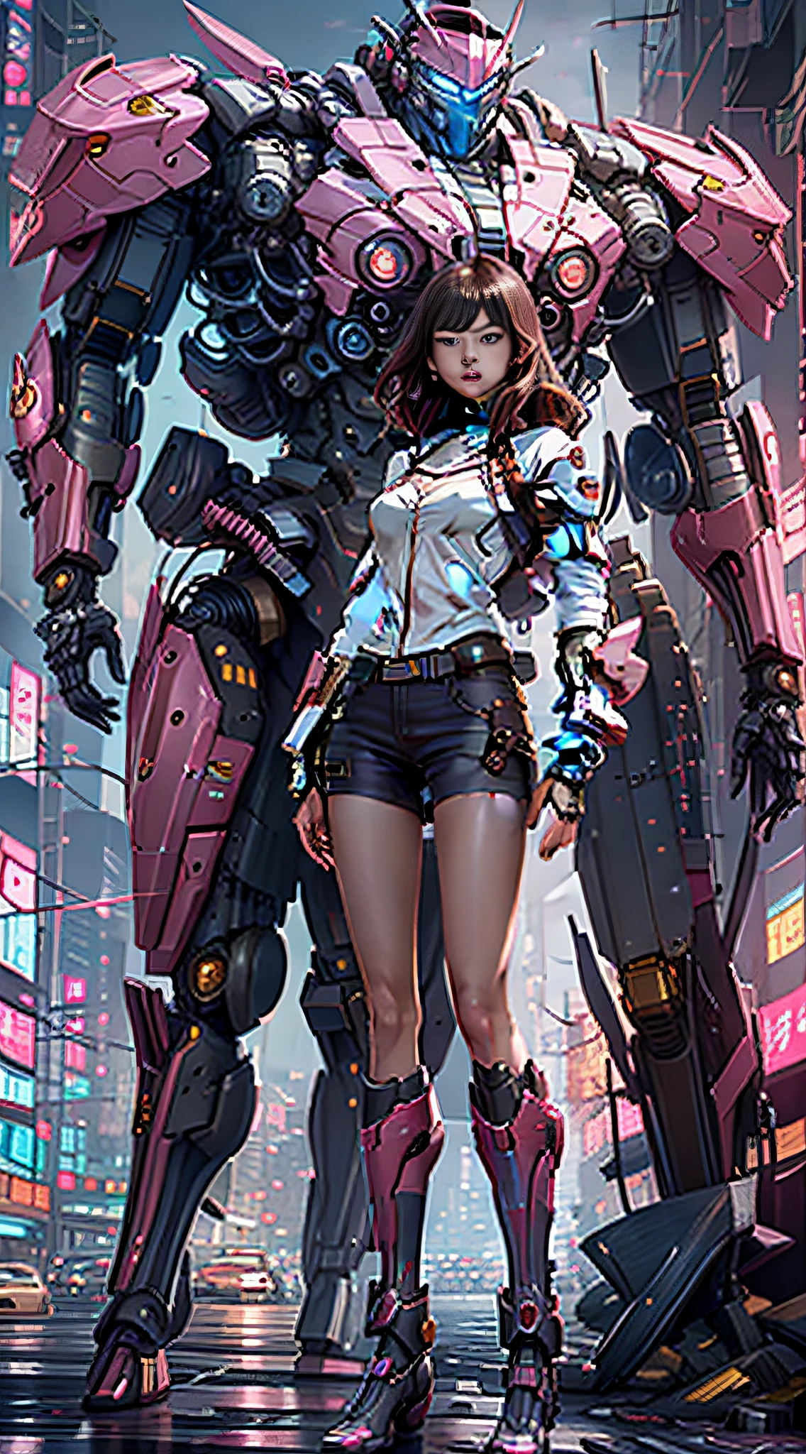 Boutique,best quality,Gold jewelry,(slip out feet),Fairy skin,(Fidelity :1.2),Standing,Super Detailed,realistic,High quality,Movie Light,Ray tracking,Ultra HD,Upper body
Girl in shorts and jacket standing next to giant pink robot, guweiz style artwork, cyberpunk mecha, trend on cgstation, guweiz, Russell Dongjun Lu, digital cyberpunk anime art, ross tran 8 k, guweiz on artstation pixiv, girl in mecha network armor, pink