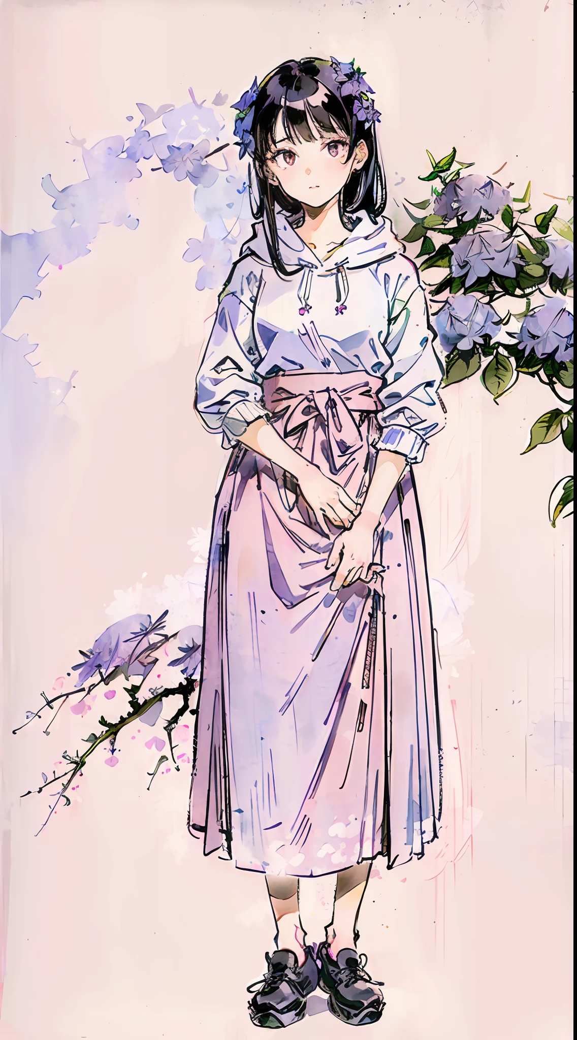 (light blue and light purple:1.2), masterpiece, best quality, absurdres, HDR, blank space, 1girl, full body, (shrubs of hydrangea:1.2), detailed eyes and face, realistic pupils, simple background, pitch black hair, watercolor, ink wash, Gao Jianfu