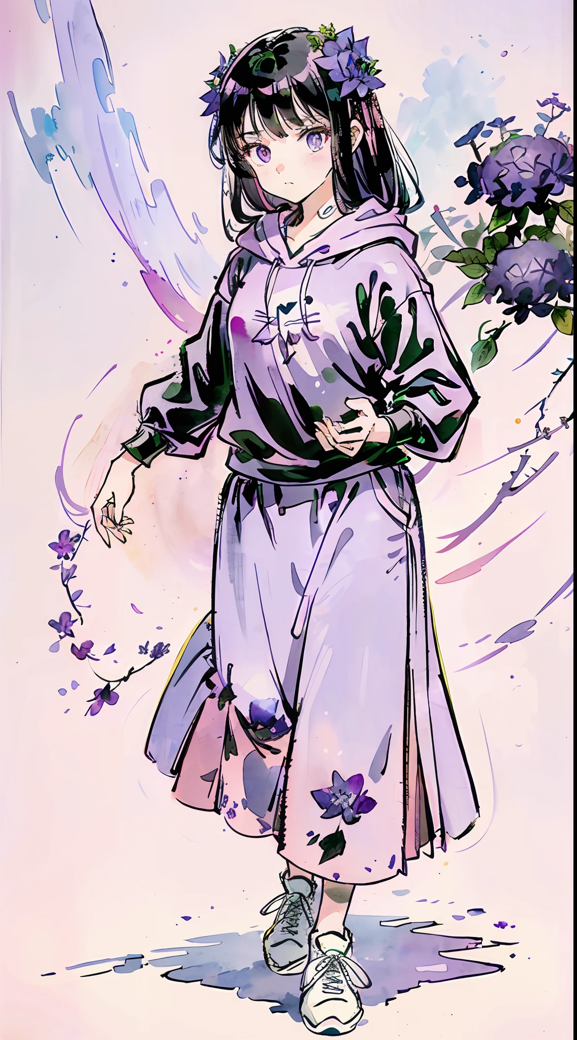 masterpiece, best quality, absurdres, HDR, 1girl, full body, (hoodie, long skirt, sneakers:1.1), (shrubs of light pink and light purple hydrangea:1.2), detailed eyes and face, realistic pupils, simple background, pitch black hair, watercolor, ink wash, Gao Jianfu