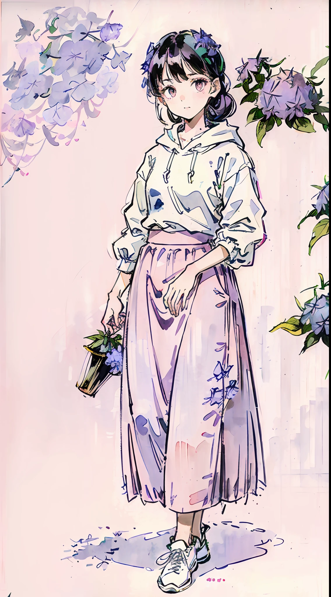 (light blue and light purple:1.2), masterpiece, best quality, absurdres, HDR, blank space, 1girl, full body, (shrubs of hydrangea:1.2), detailed eyes and face, realistic pupils, simple background, pitch black hair, watercolor, ink wash, Gao Jianfu