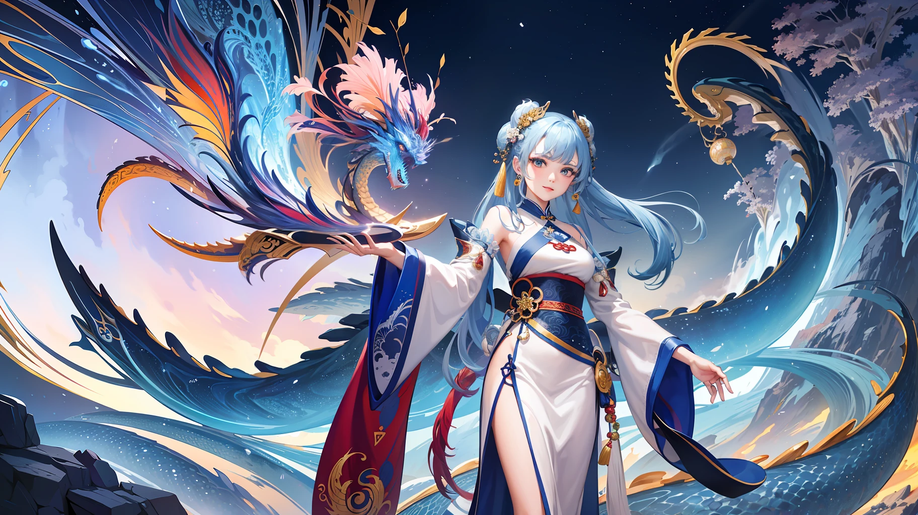 Masterpiece, top quality, best quality, official art, (beauty and aesthetics: 1.3), extremely detailed, (fractal art: 1.3), colorful, gossip diagram, ice and Chinese dragon, serpentine body, claws, blue and 1 girl, han girl's media, hanfu, blue