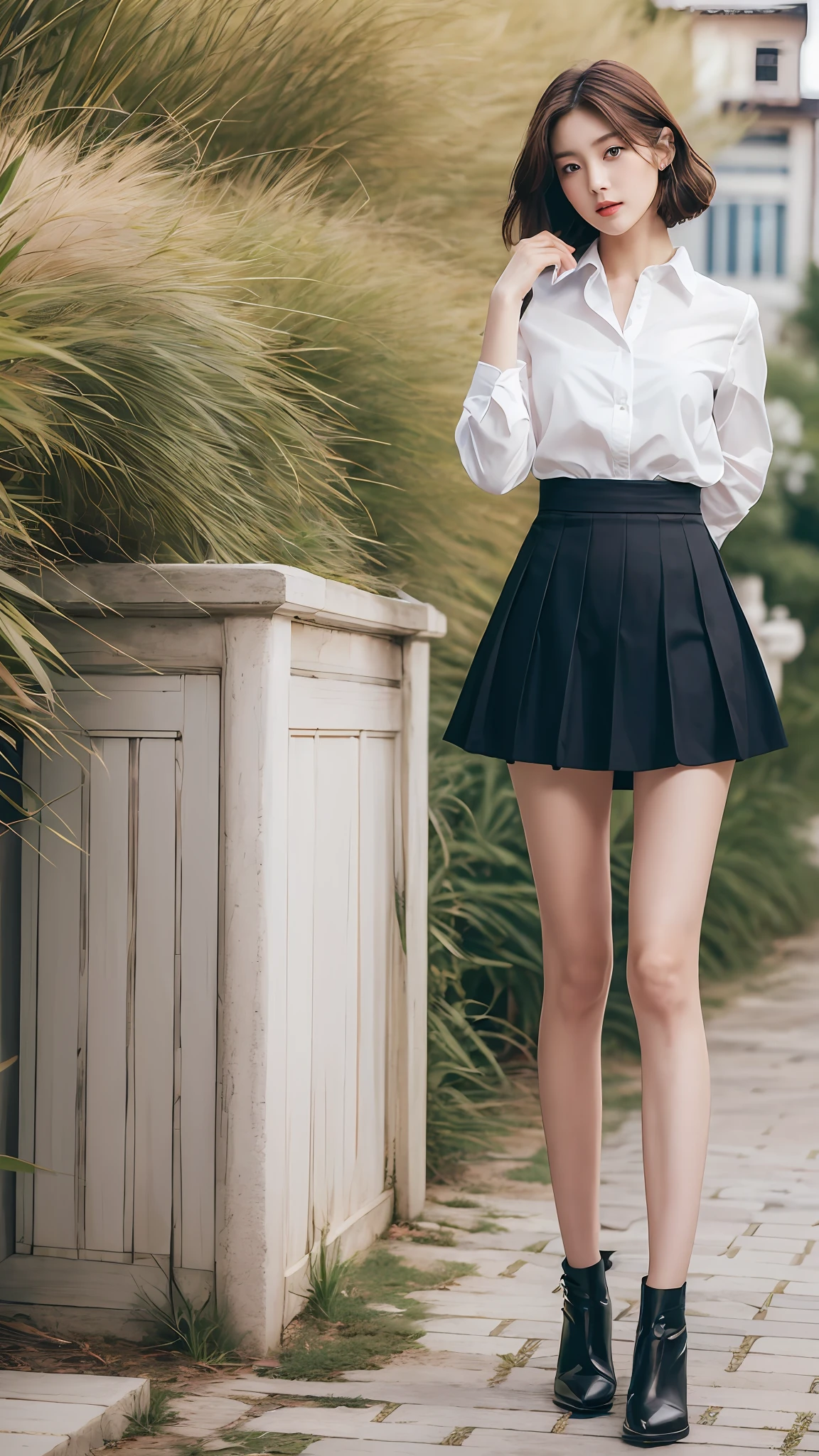 (Best quality, Ultra high resolution, Delicate, Masterpiece, Full body :1.3), Photorealistic, A tall and pretty woman, Ulzzang-6500-v1.1, Slim figure beauty, Slim waist, (Short hair), Collared shirt and flared skirt, Outdoor, Warm tone, Soft light, Details exquisitely rendered in the face and skin texture, Detailed eyes, Double eyelid