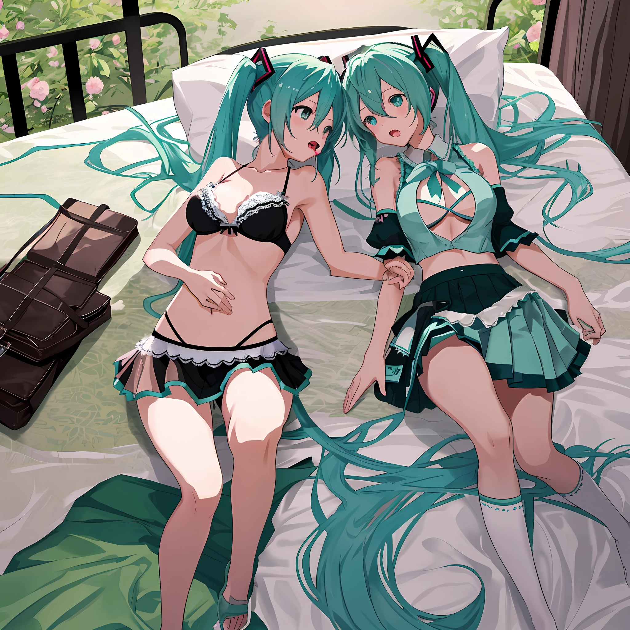 Hatsune Miku, 2girls, bikini, breast licking, big breasts, skirt, saliva, lesbians, bed, lingerie