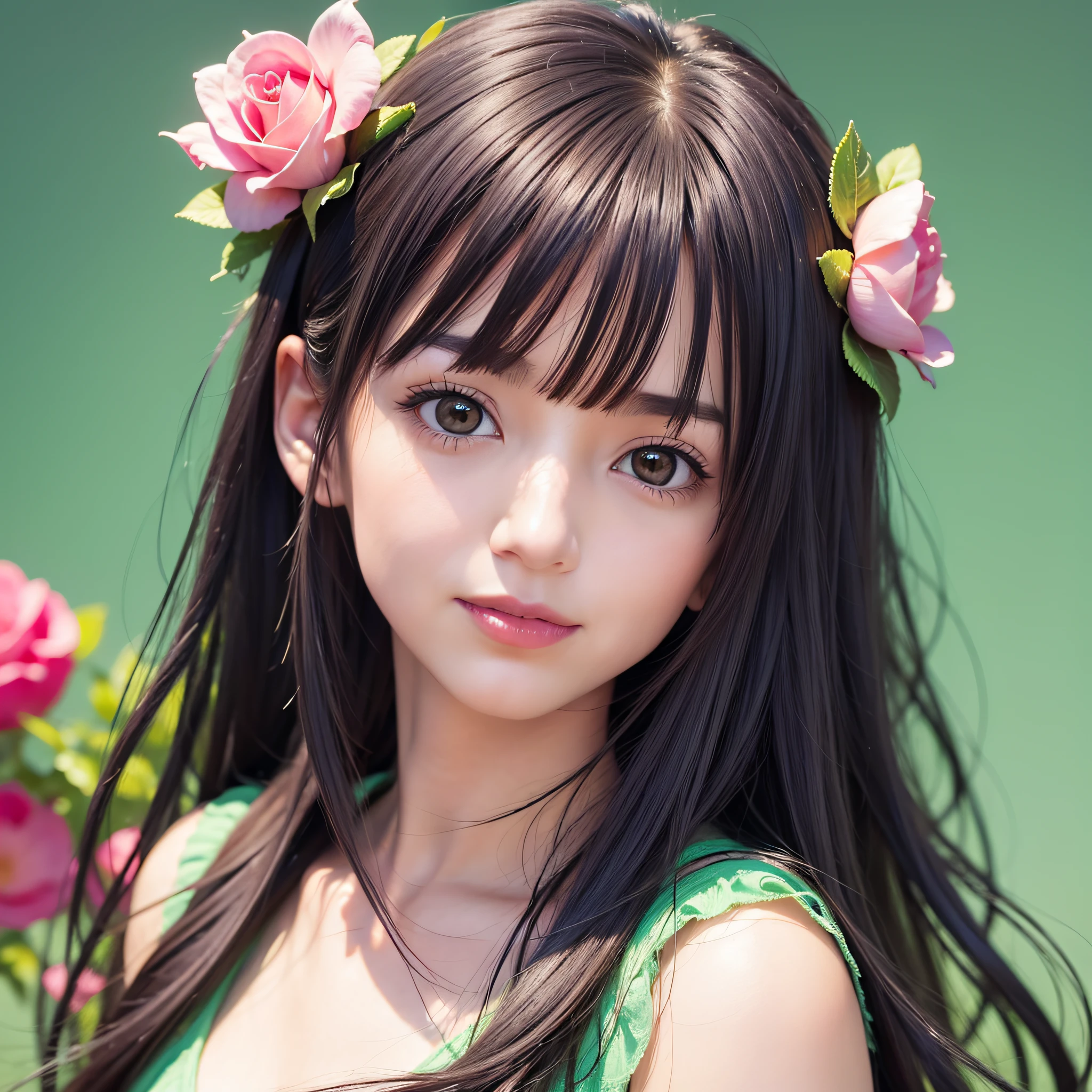 Beautiful Japan woman, nice perfect face with soft skin, small face with nose and rose-like lips, beautiful eyes, beautiful smile. Black thin long beautiful hair bathed in a vivid etheric glow, facing front in the center, extreme close-up shot, navy short top with wide apple green pants, bright colorful background, photorealistic, masterpiece, highest quality, super detail, HDR, 8K