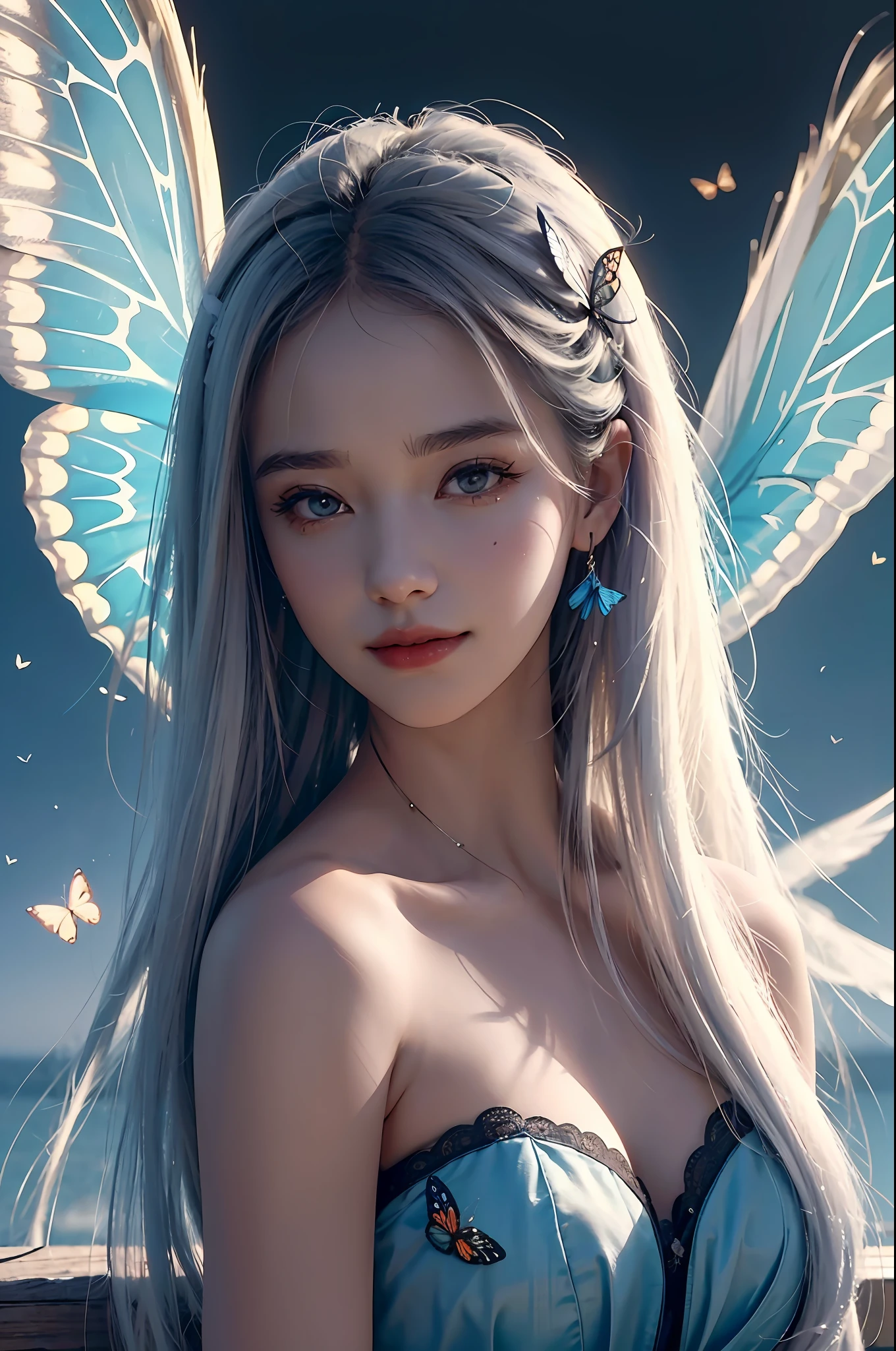 (RAW Photo, Best Quality), (Realistic, Photorealistic True: 1.3), Best Quality, Highly Detailed, Masterpiece, Hyper Detail, Illustration, 1 Girl, Smile, Butterfly Hair Ornament, White Hair, Black Hanfu, Red Gauze, Elder on Back A Pair of Blue Butterfly Wings, Wield a Swords, Butterfly Fairy, upper_body, Dynamic Angle, World Mastery Theater, Flying Long Hair, Fluores cent Red, dynamic Fire inbackground, best quality, extremely detailed CG unified 8k wallpaper, ink, amazing, cinema lighting, lens_flare, wuxia_style