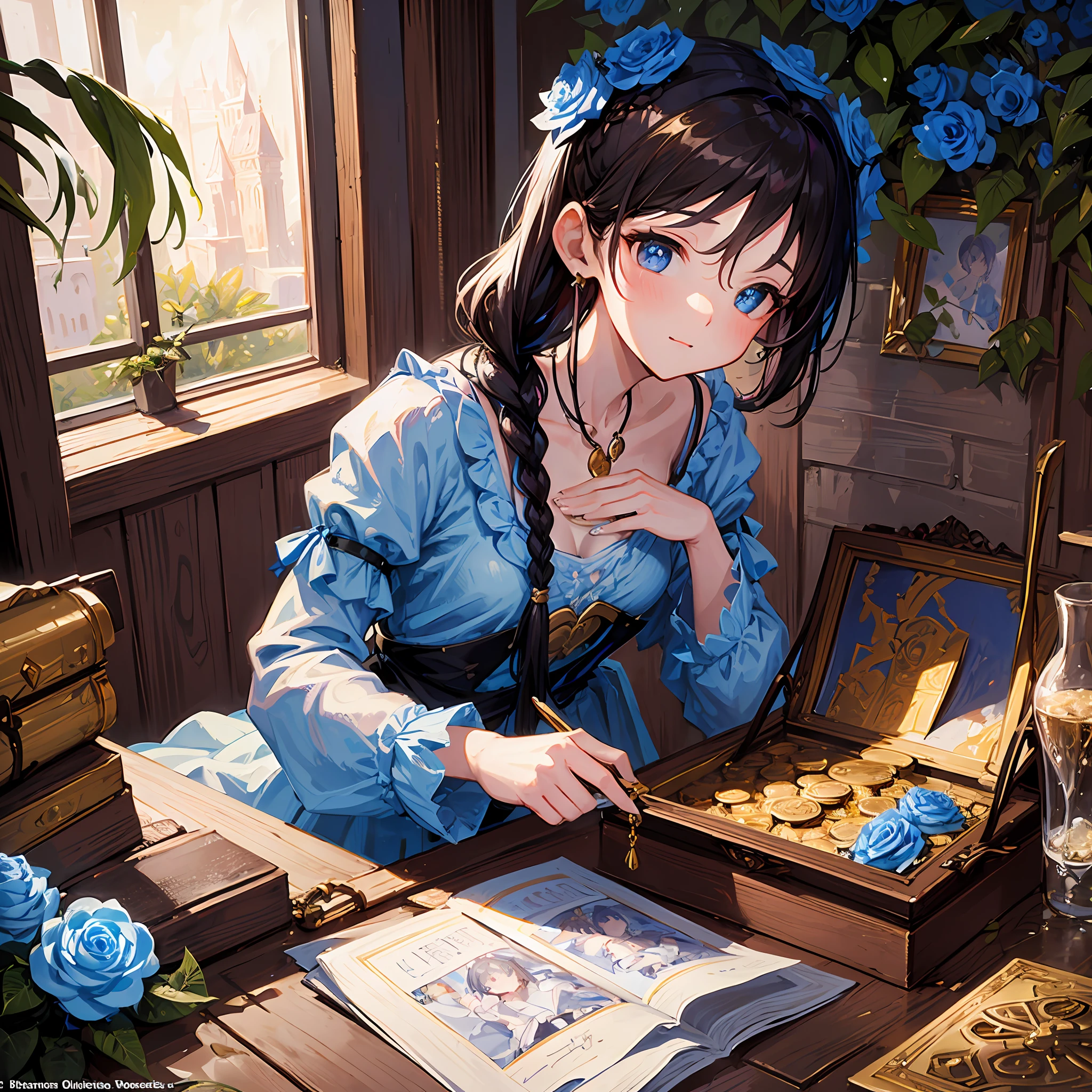 Title: “A Treasure of Blue Roses”

The artwork features a young girl opening a treasure box filled with blue roses. She has a look of wonder on her face, as if she has just discovered something magical. The lighting is warm and soft, with a hint of sunlight or candlelight. She wears a simple dress or tunic, and her hair is tied back in a loose braid. The treasure box is ornate and surrounded by other treasures, such as jewels, gold coins, and other trinkets. The blue roses spill out of the box, creating a beautiful and enchanting scene. The background is a mix of lush vegetation and a hint of a medieval castle or church, suggesting a time and place where such treasures were highly valued. The overall effect is a whimsical and dreamy image that captures the beauty and magic of a treasure trove. --auto --s2