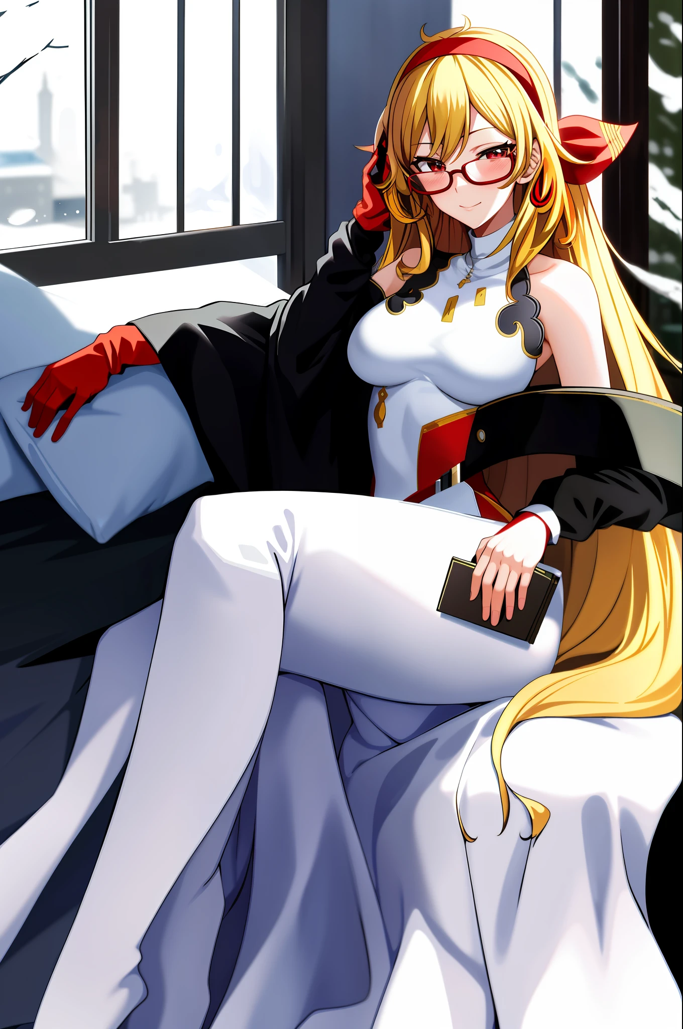 2d, masterpiece, best quality, anime, highly detailed face, highly detailed eyes, highly detailed background, perfect lighting, full body, 1girl, solo, kaela kovalskia, tall, eyewear on head, red hairband, large breasts, snow, standing, blush, sexy pose, night dress, long dress, sitting, bed, bedroom, window,