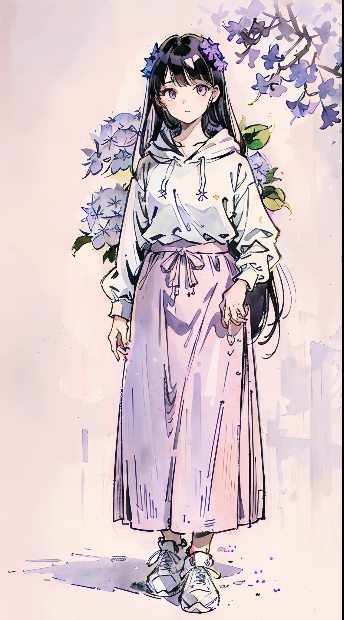 (light pink and light purple:1.2), masterpiece, best quality, absurdres, HDR, blank space, 1girl, full body, (hoodie, long skirt, sneakers:1.1), (shrubs of hydrangea:1.2), detailed eyes and face, realistic pupils, simple background, pitch black hair, watercolor, ink wash, Gao Jianfu