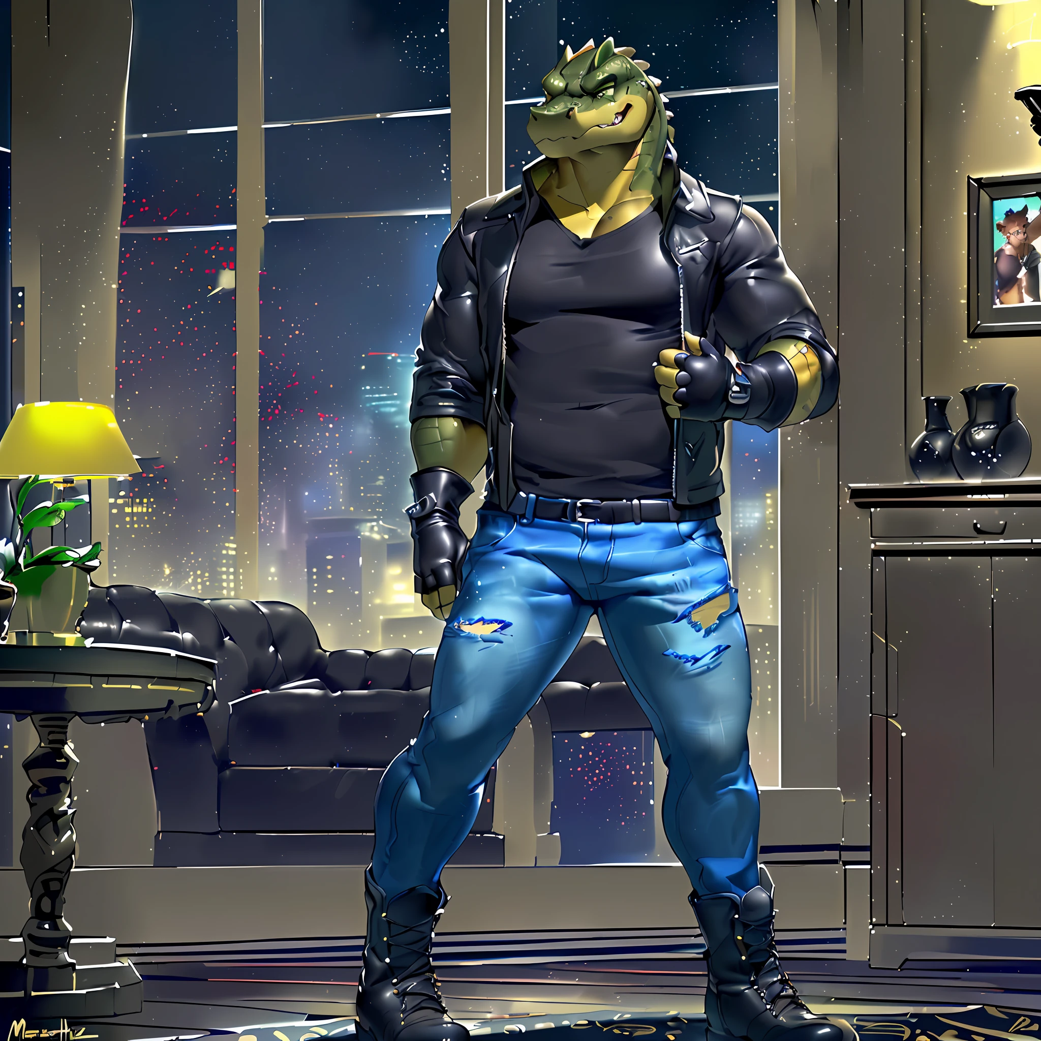 (masterpiece, best quality, high quality, highres:1.4), detailed, extremely detailed, ambient soft lighting, 4K, by (by Pino Daeni, (by ruaidri), yupa, kiyosan,(by meesh), (by sollyz) (by fffffolder)), (cuban crocodile: ( hunk, athletic, crocodile, yellow body, scales, athletic muscle, anthro legs, (crocodile feet) (((solo))), green eyes, (detailed eyes), crocodile tail, bare_shoulders , (((angry_face))), (clothing, (topwear: (open jacket), handwear:(gloves: fingerless), bottomwear:(jeans:black, leather boots))),standing) tag:1boy)) ,(((night))), (((inside apartment)))